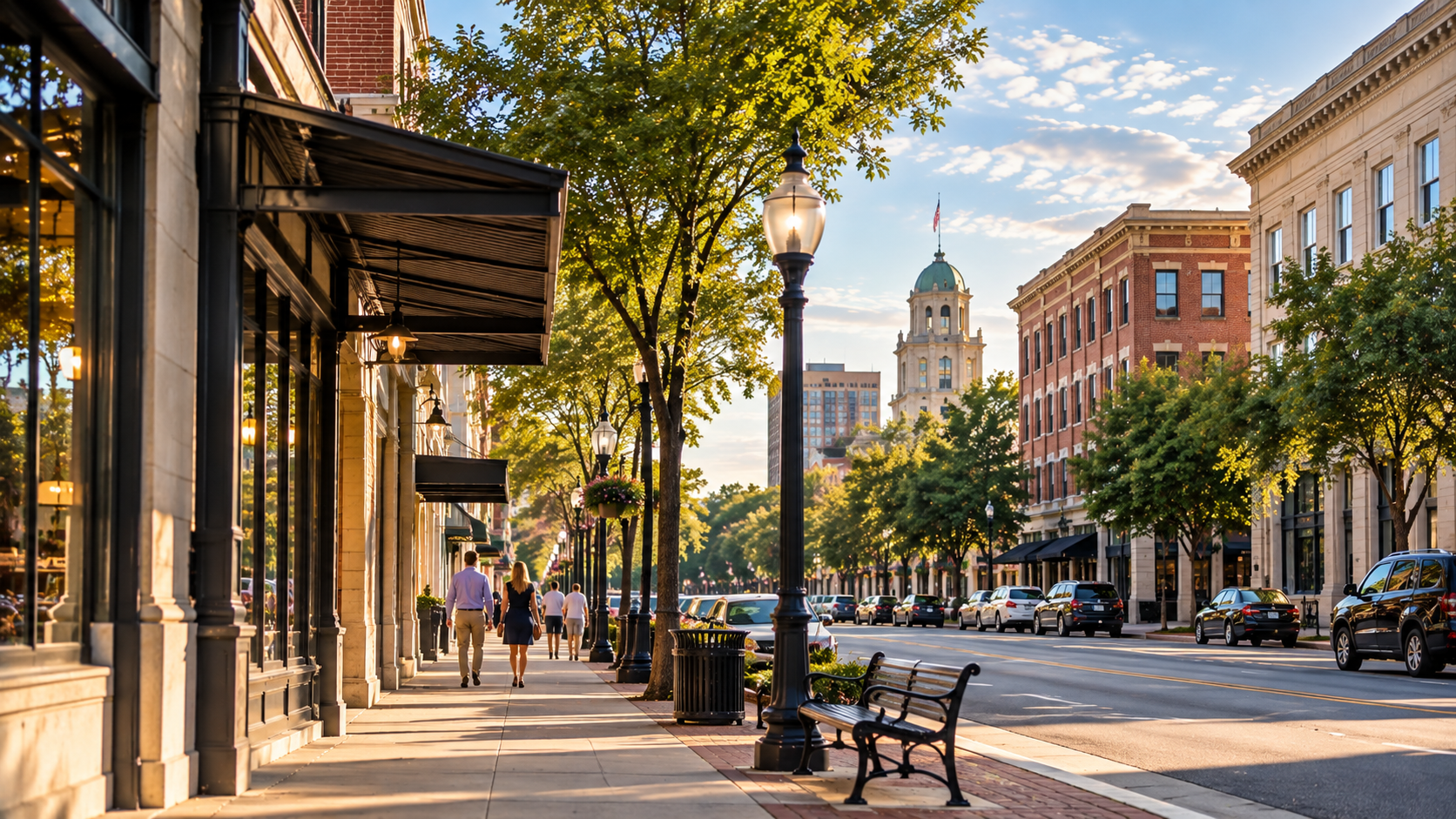 Downtown Augusta street scene with traditional commercial buildings, sidewalks, trees, parked cars and pedestrians