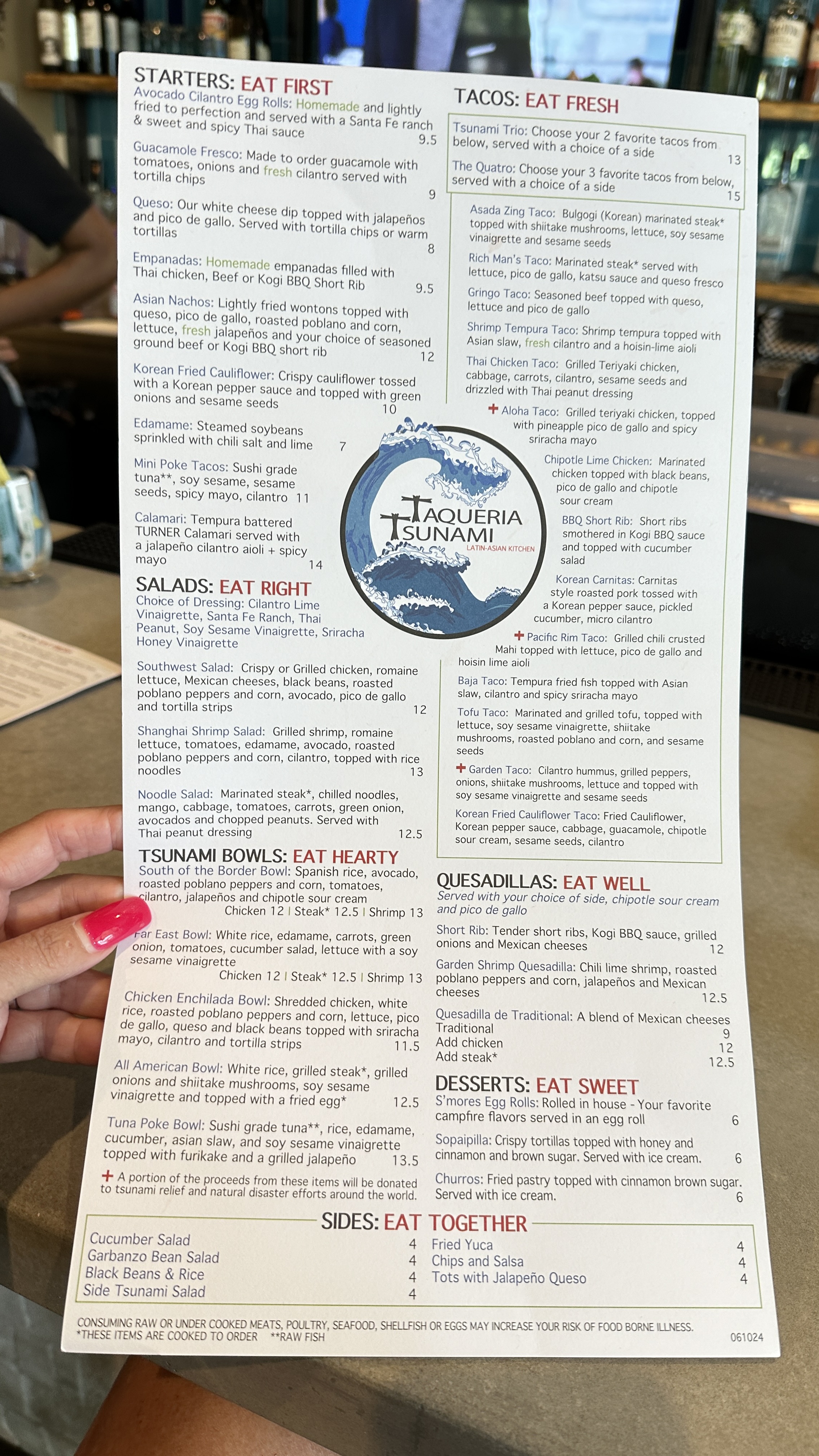 Full food menu at Taqueria Tsunami Mexican-Asian fusion restaurant in downtown Gainesville Georgia