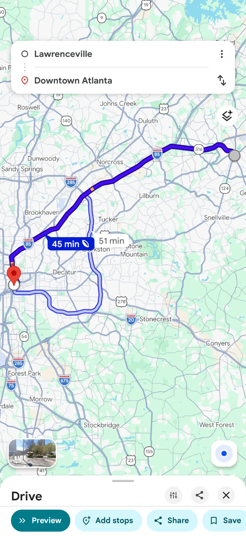 Google Maps directions from Lawrenceville to Downtown Atlanta showing about a 45 minute drive