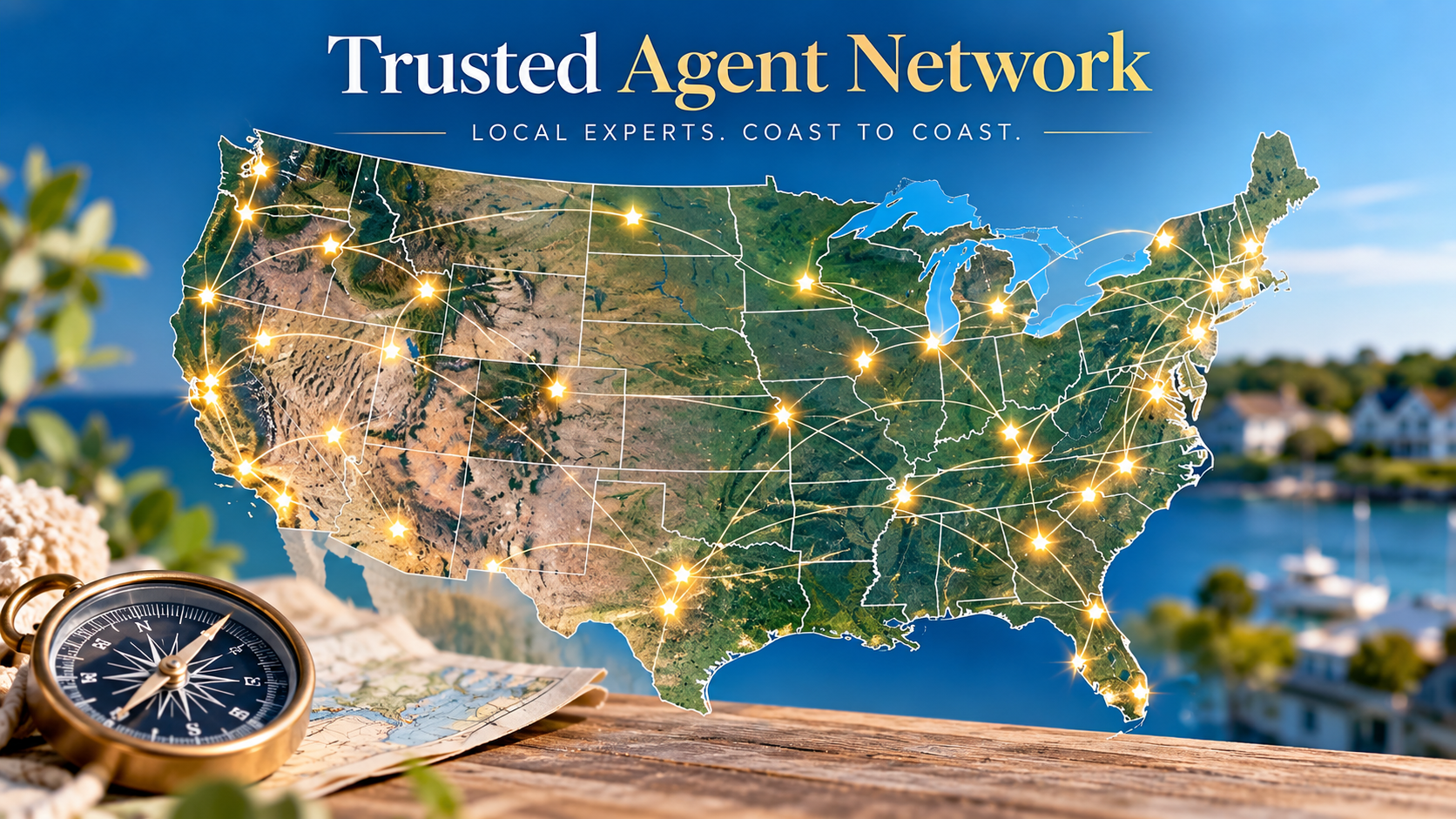Trusted Agent Network graphic showing a map of the United States with connecting lines, star markers, and a compass