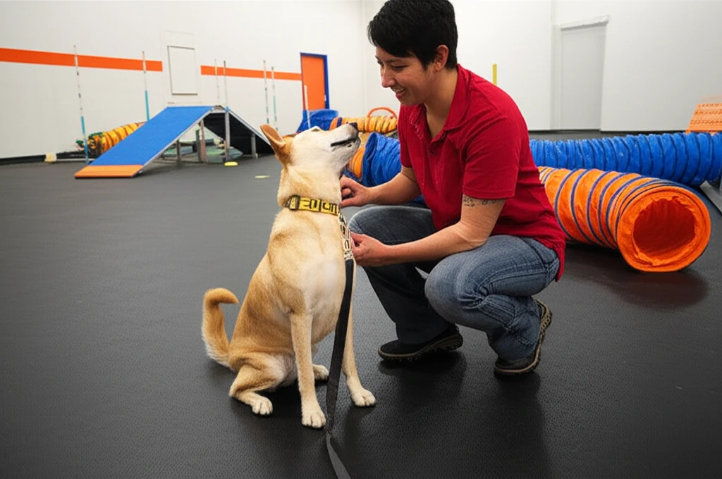A dog trainer crouching down and interacting positively with a dog in a bright training facility