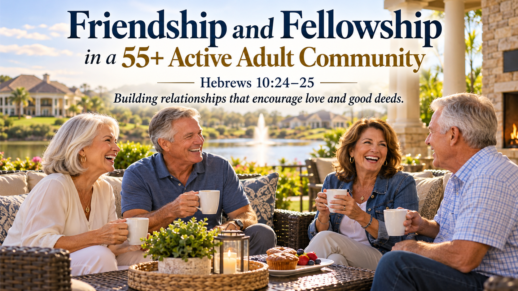 Two couples sharing coffee and fellowship on a patio, Hebrews 10:24-25
