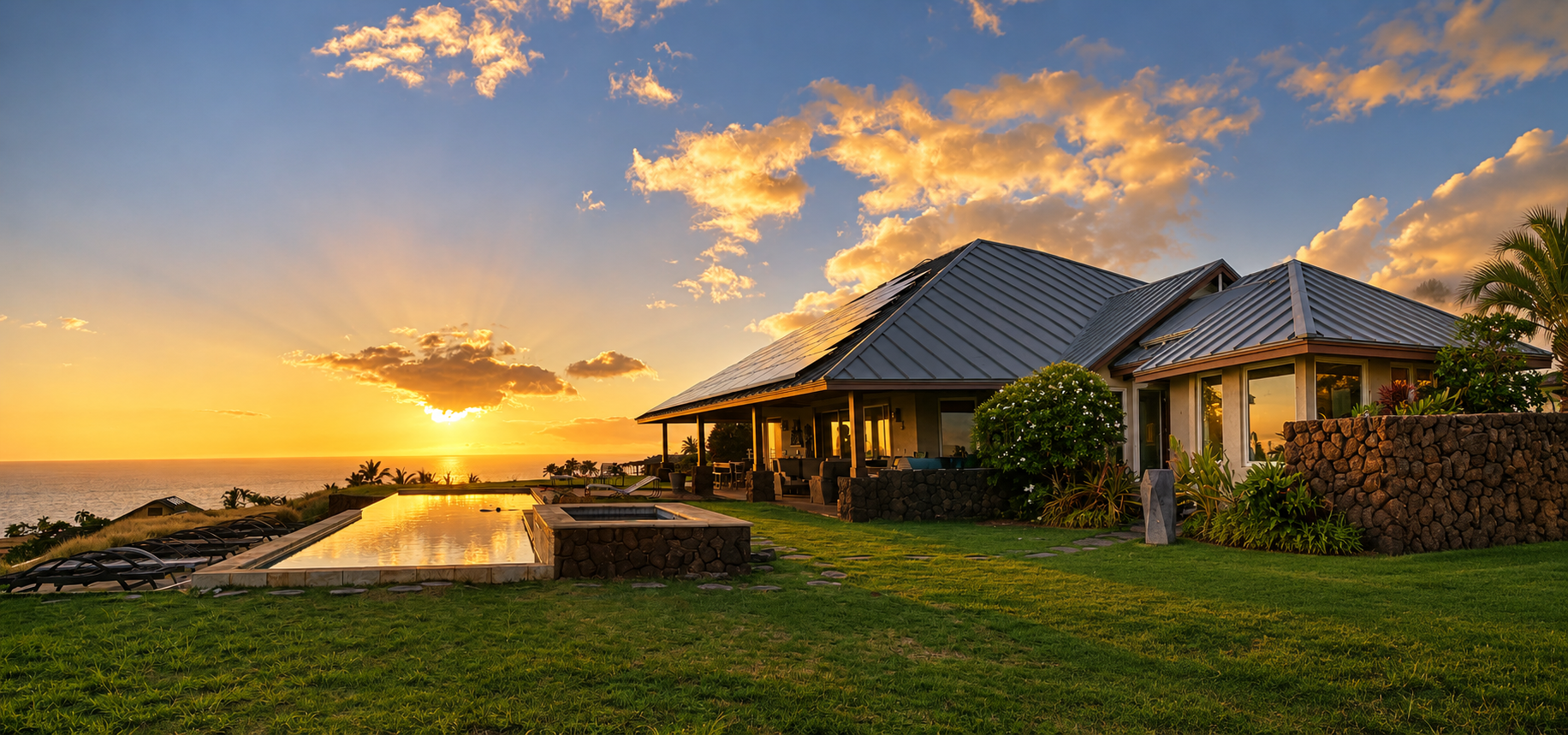 A single-family Kohala Coast home with a tropical garden and ocean view at sunset