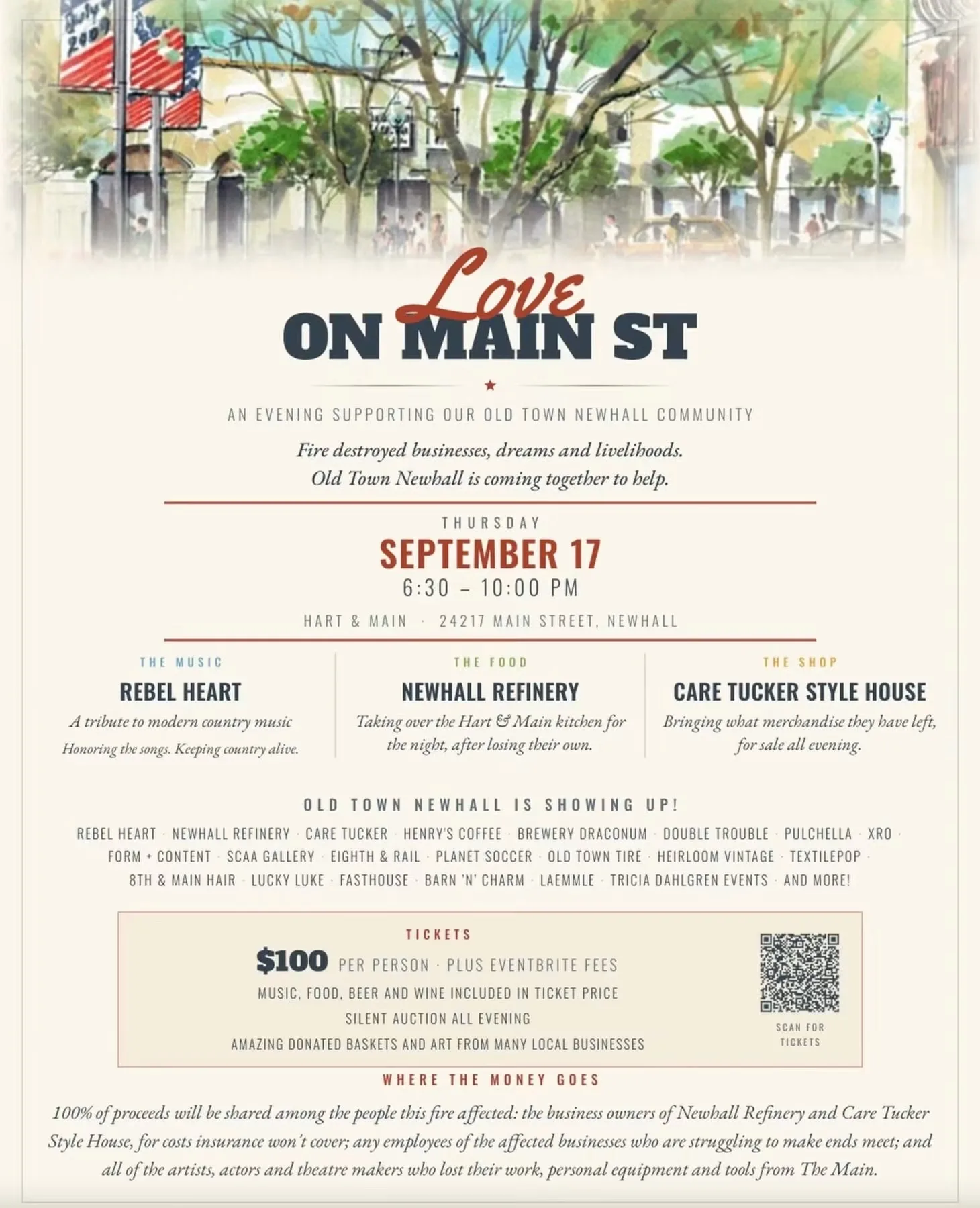 Official Love on Main St fundraiser flyer: Thursday, September 17, 6:30-10 PM at Hart and Main, 24217 Main Street, Newhall