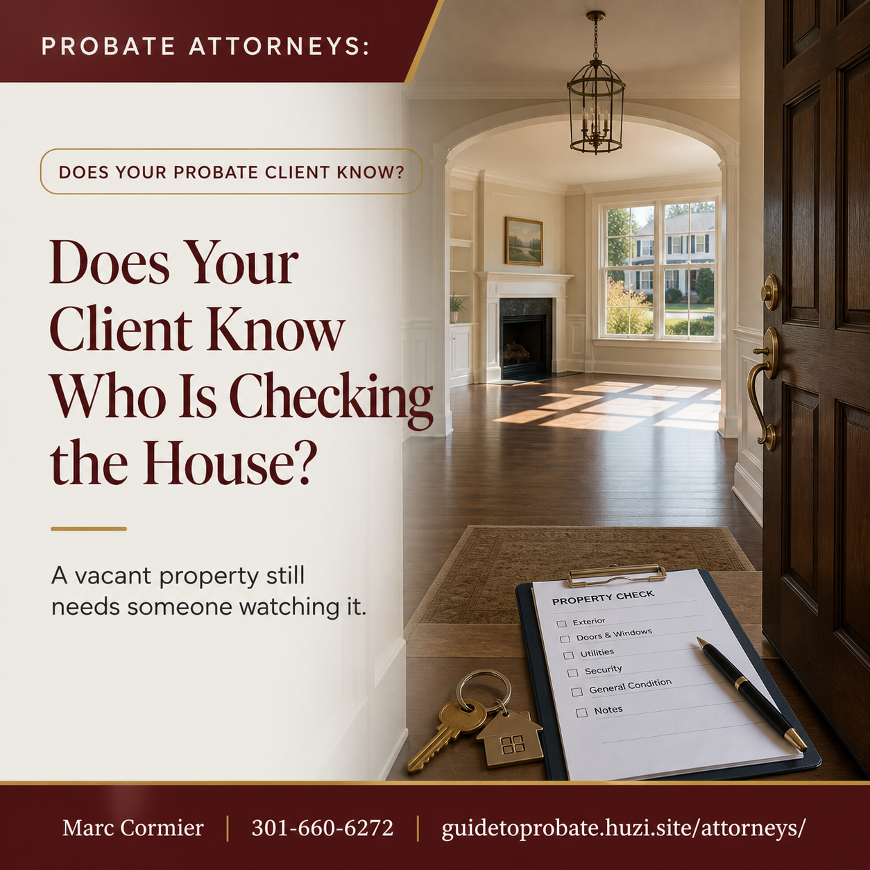 Attorney referral flyer with Marc's contact information for probate property questions
