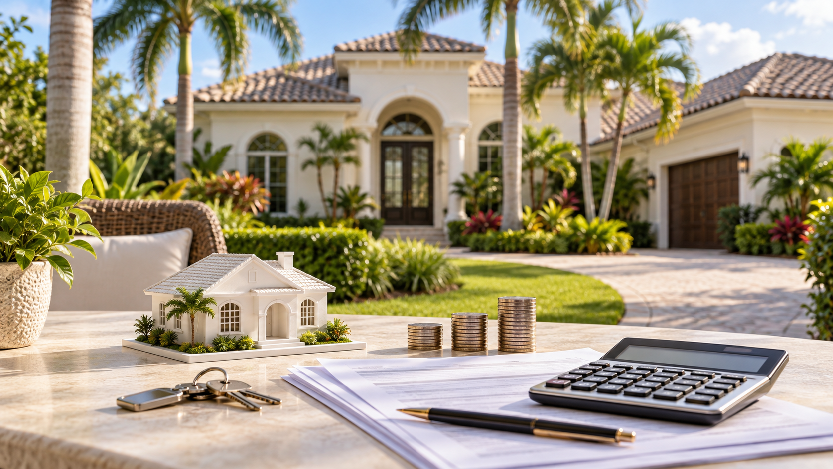 Florida home with palm trees behind a model house, keys, coin stacks, calculator, and paperwork representing property taxes and inflation.