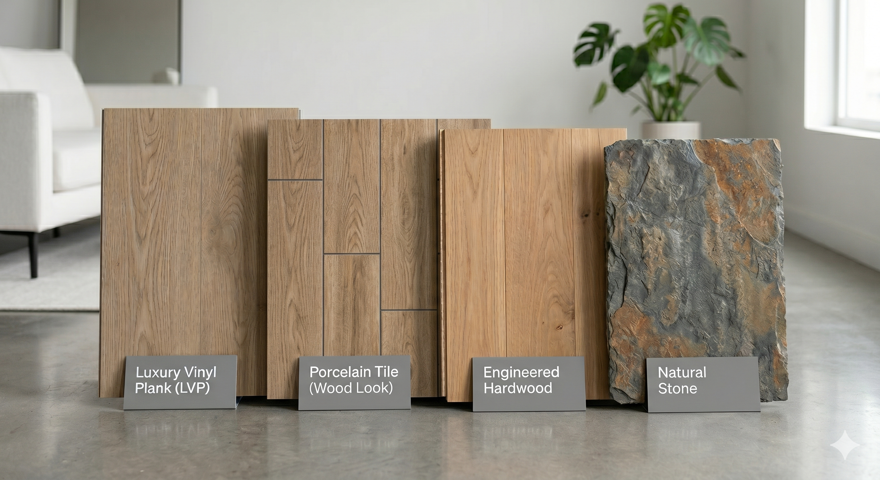 Flooring sample swatches: luxury vinyl plank, engineered hardwood, porcelain wood-look tile, and natural stone