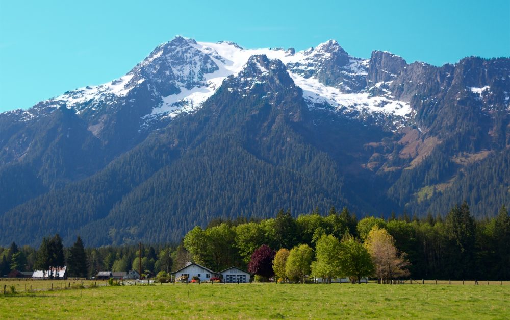 Whitehorse Mountain rising above the Sauk River valley near Darrington, Washington