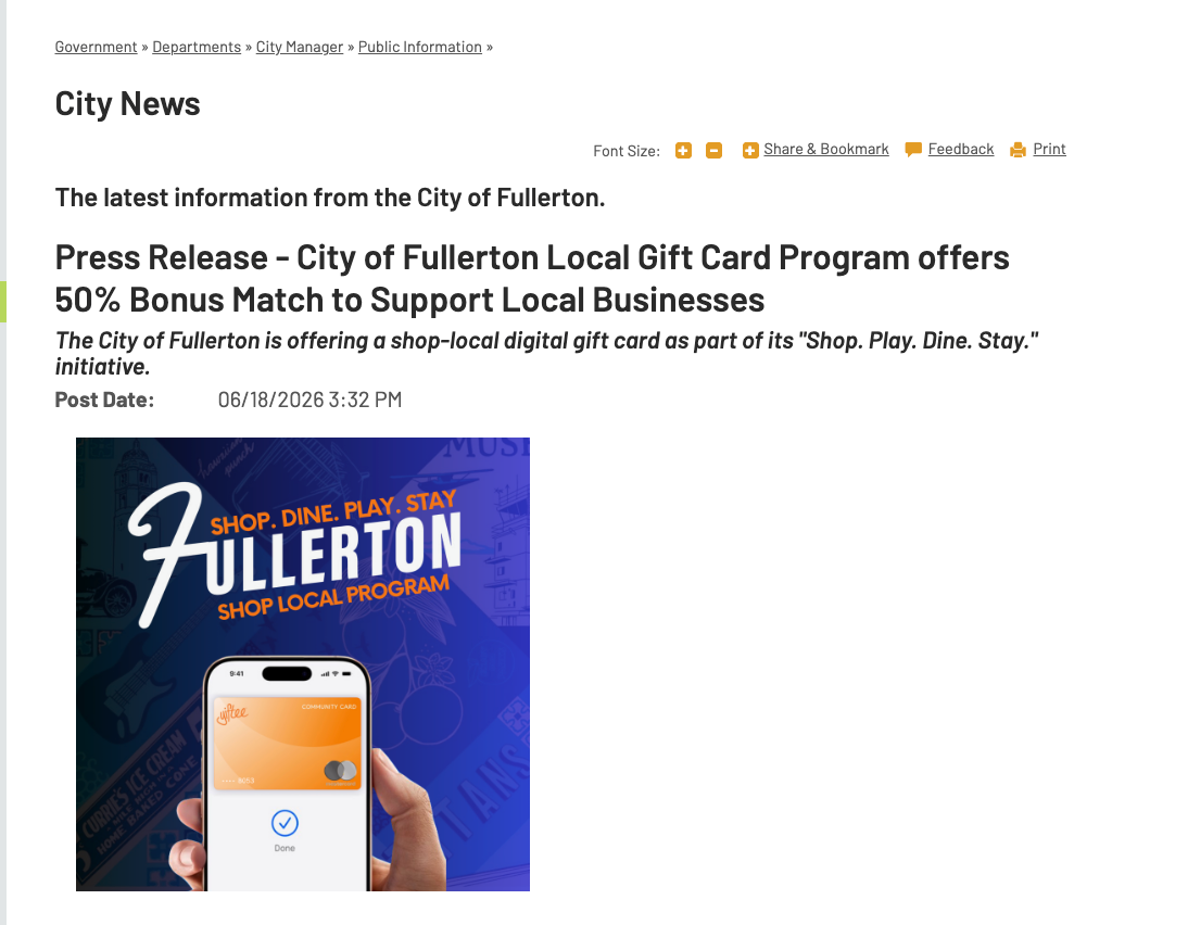 City of Fullerton Shop. Play. Dine. Stay. digital gift card program promotional graphic