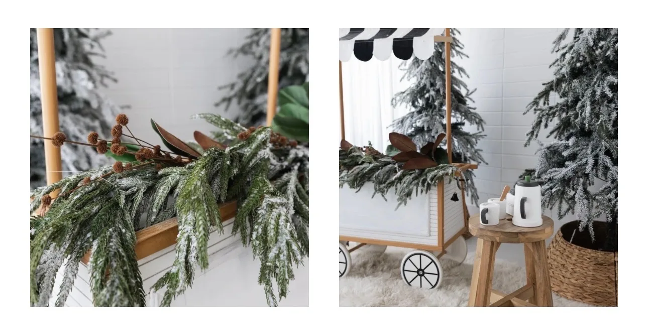 A winter holiday set at The Nook Studio with a striped canopy cart