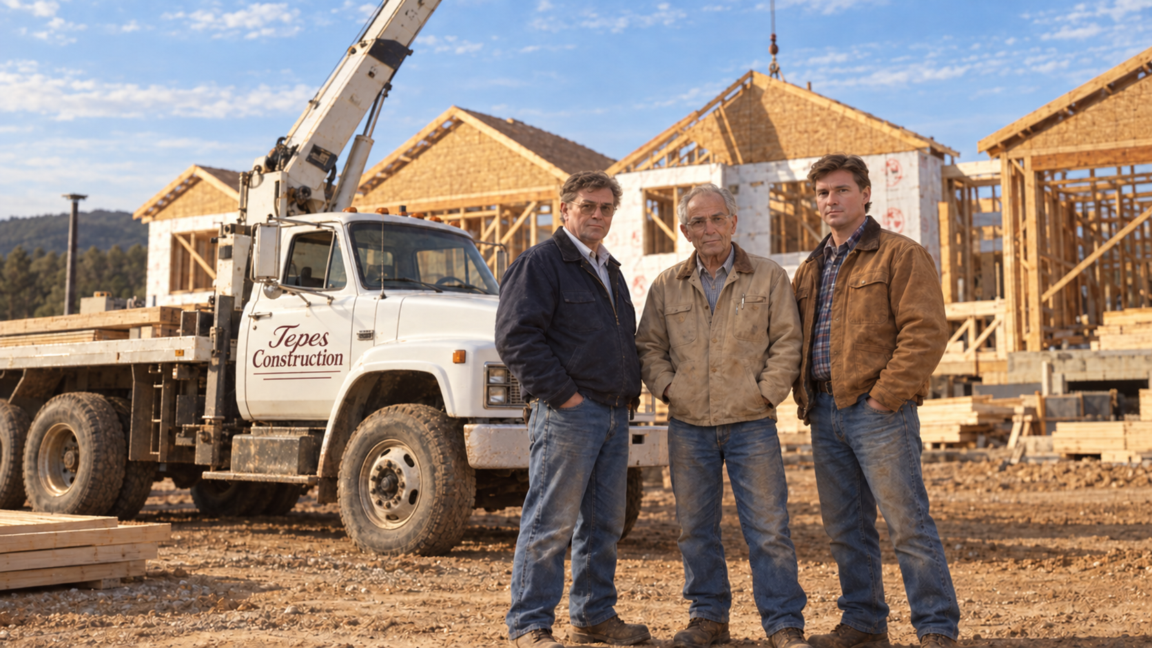 The Tepes Construction team on site, with the company crane at work on a new home