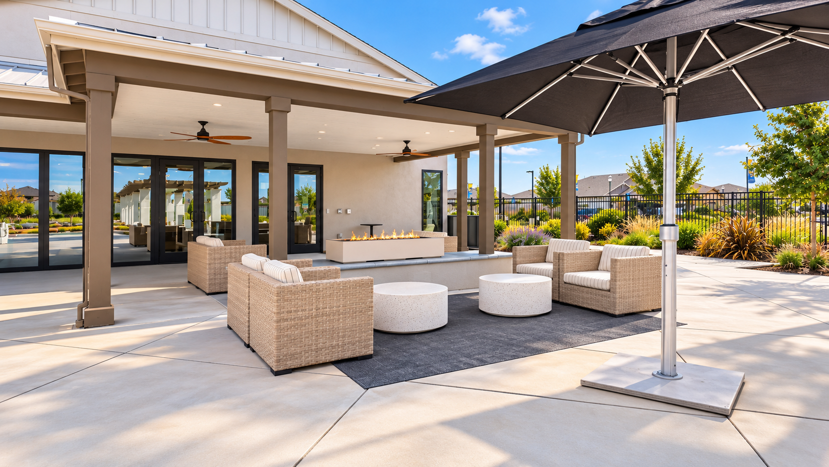 Builder rendering of an outdoor fire-pit lounge at Club Liberty, Summit at Liberty, Rio Vista