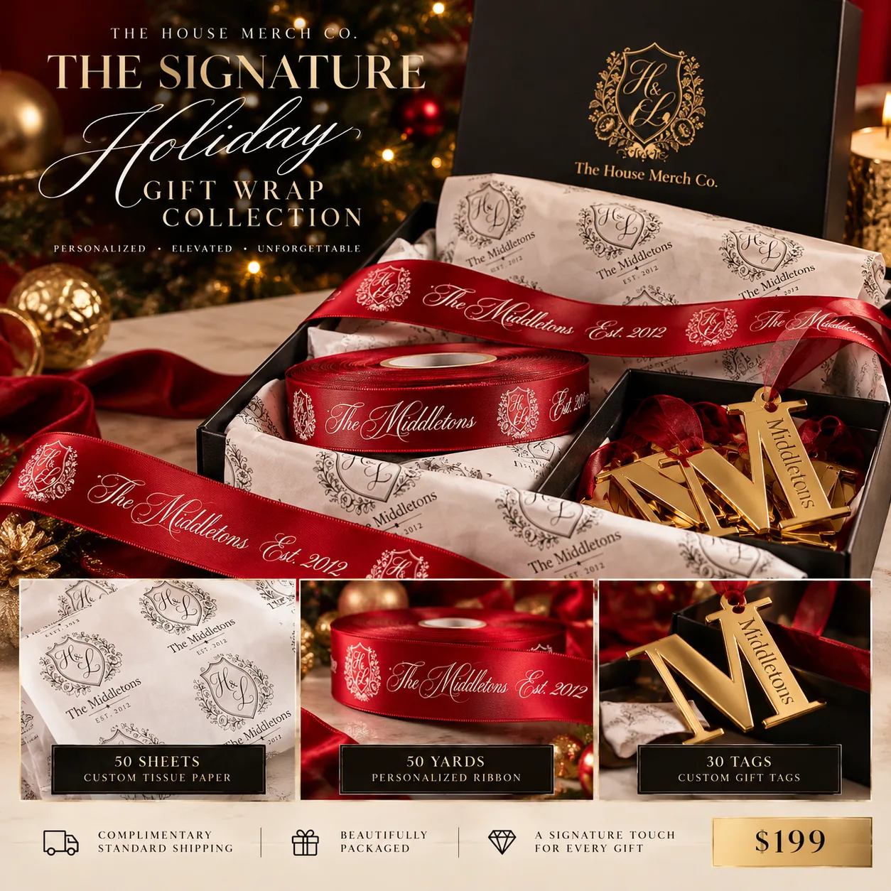 The Signature Holiday Gift Wrap Collection by The House Merch Co. in a black box, with custom tissue paper printed with the "The Middletons, Est. 2012" logo, 50 yards of red ribbon, and gold "M" gift tags