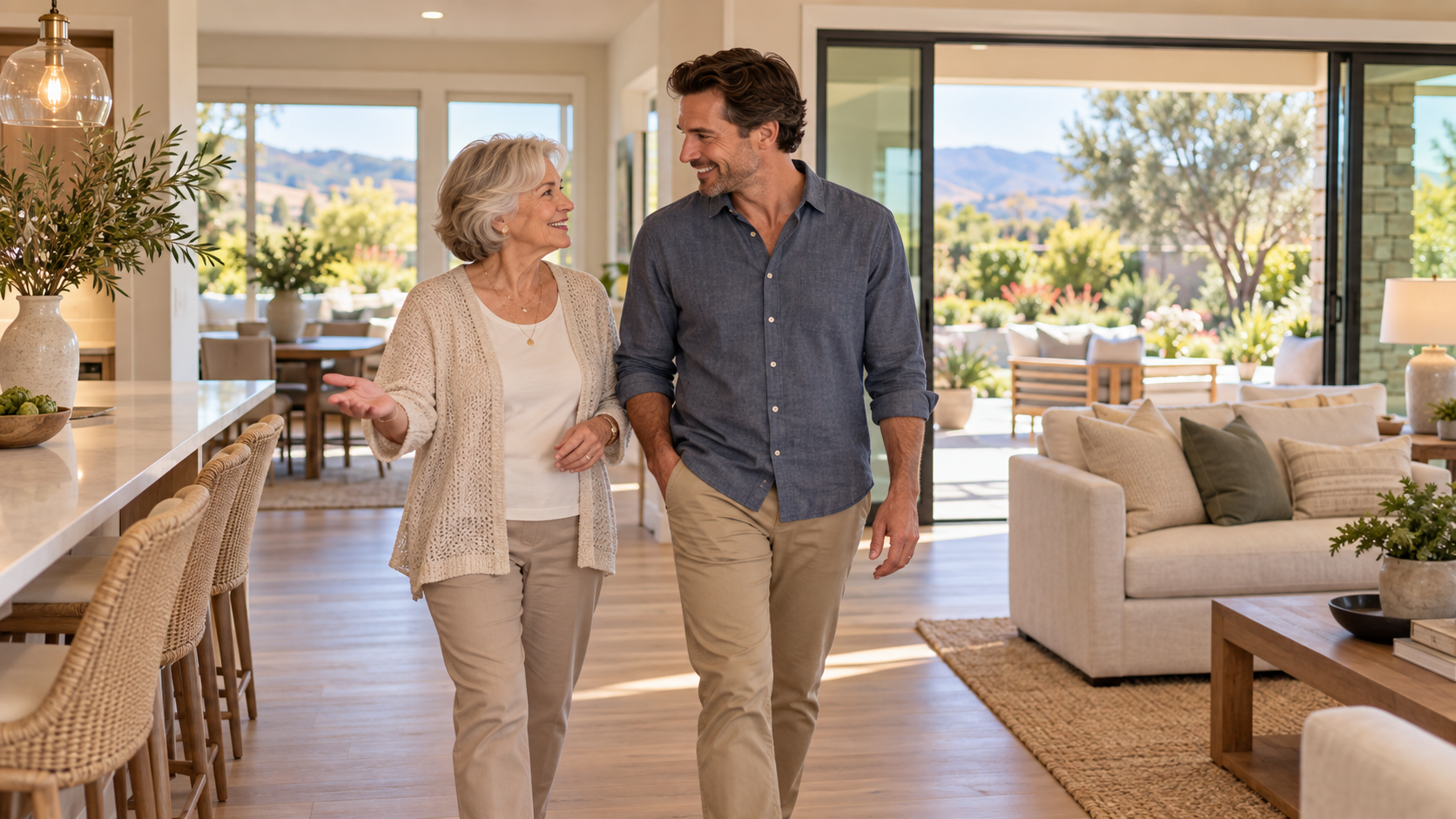 An adult child and a parent touring a 55+ active-adult community together, the moment a family begins planning the move. Illustrative image from the NorCal55Plus editorial library.