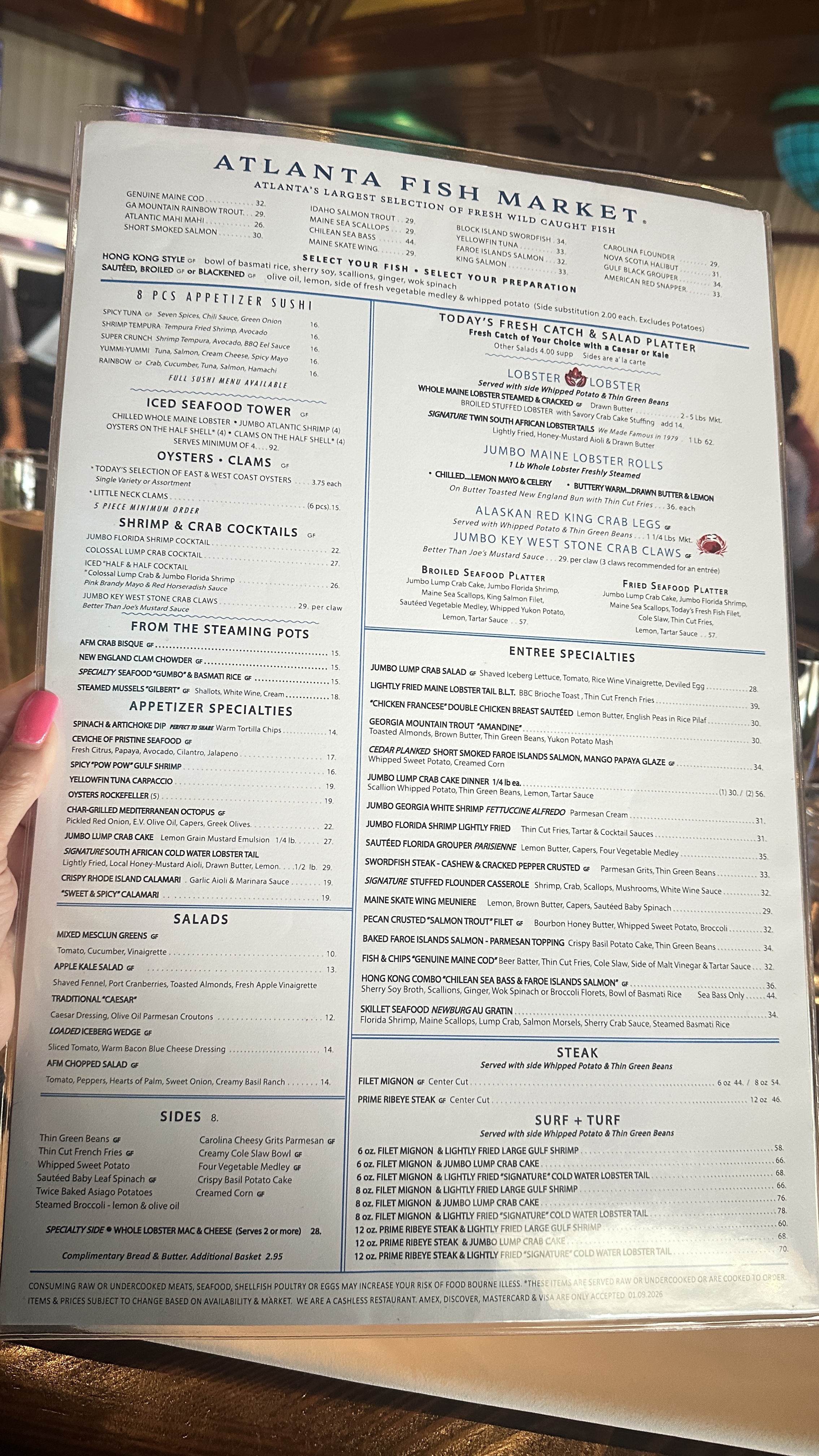 Atlanta Fish Market full menu showcasing fresh seafood selections at this upscale Atlanta restaurant