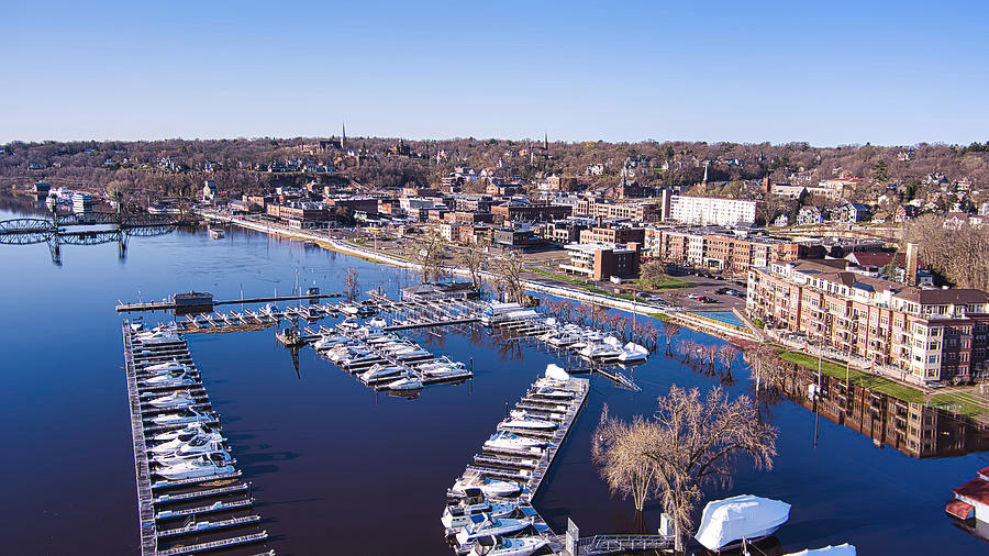 Drone aerial view over Stillwater and the St. Croix River