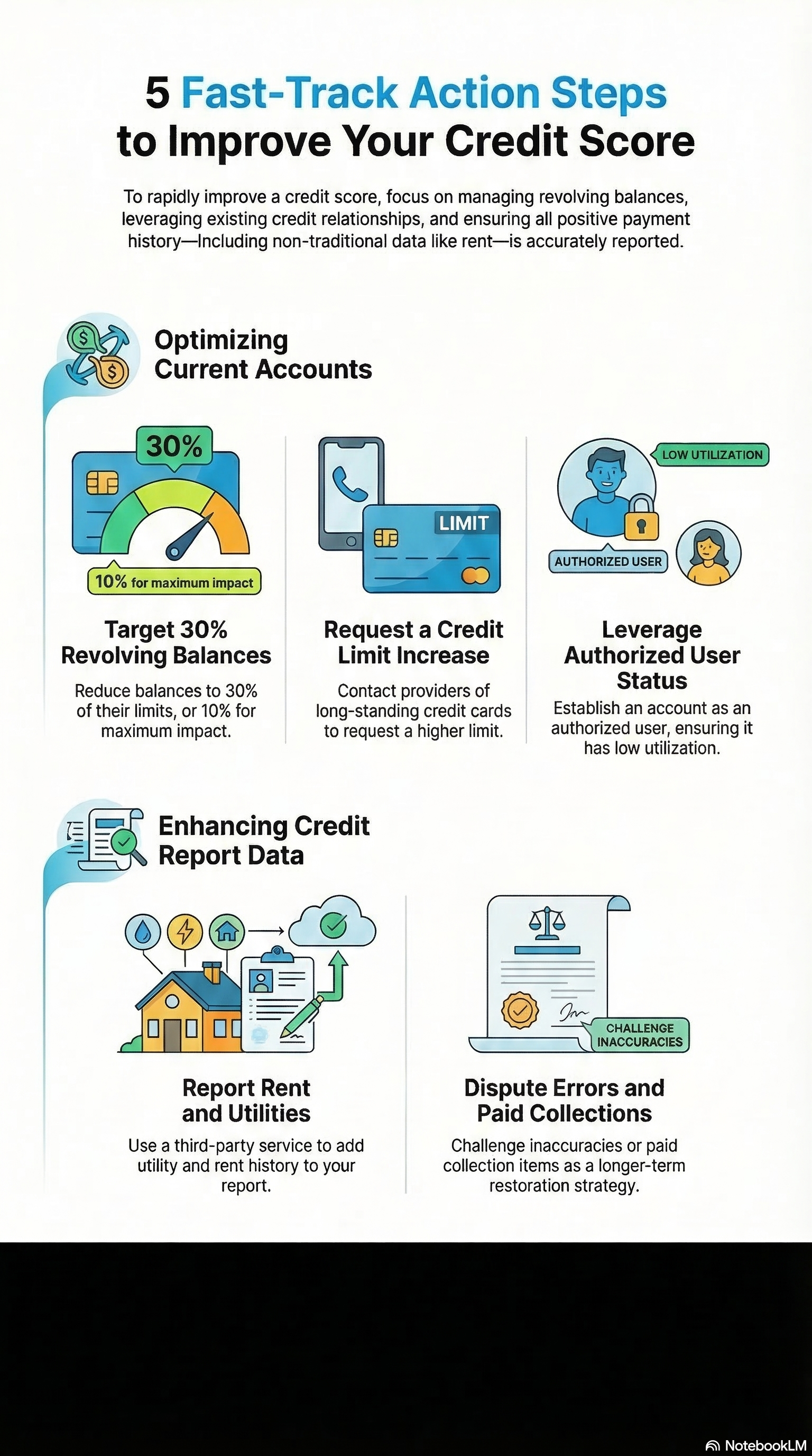 Five steps to get your credit ready for a mortgage: pay on time, lower card utilization, review your reports, dispute errors, and avoid new inquiries.