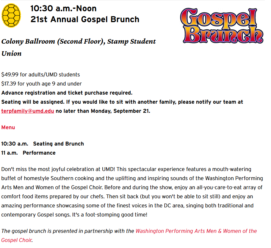 Official event poster for the 21st Annual Gospel Brunch at the University of Maryland, featuring the Washington Performing Arts Men and Women of the Gospel Choir in the Colony Ballroom at the Stamp Student Union