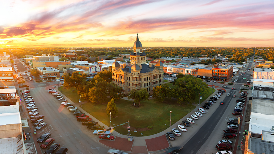 Aerial view of the Denton County Courthouse in downtown Denton, Texas.