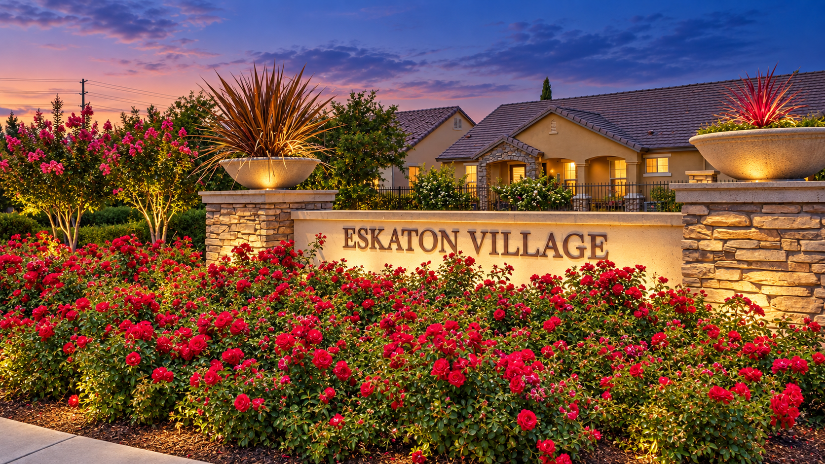 Eskaton Village Roseville entrance at twilight, a quiet evening view of the 55+ active adult community