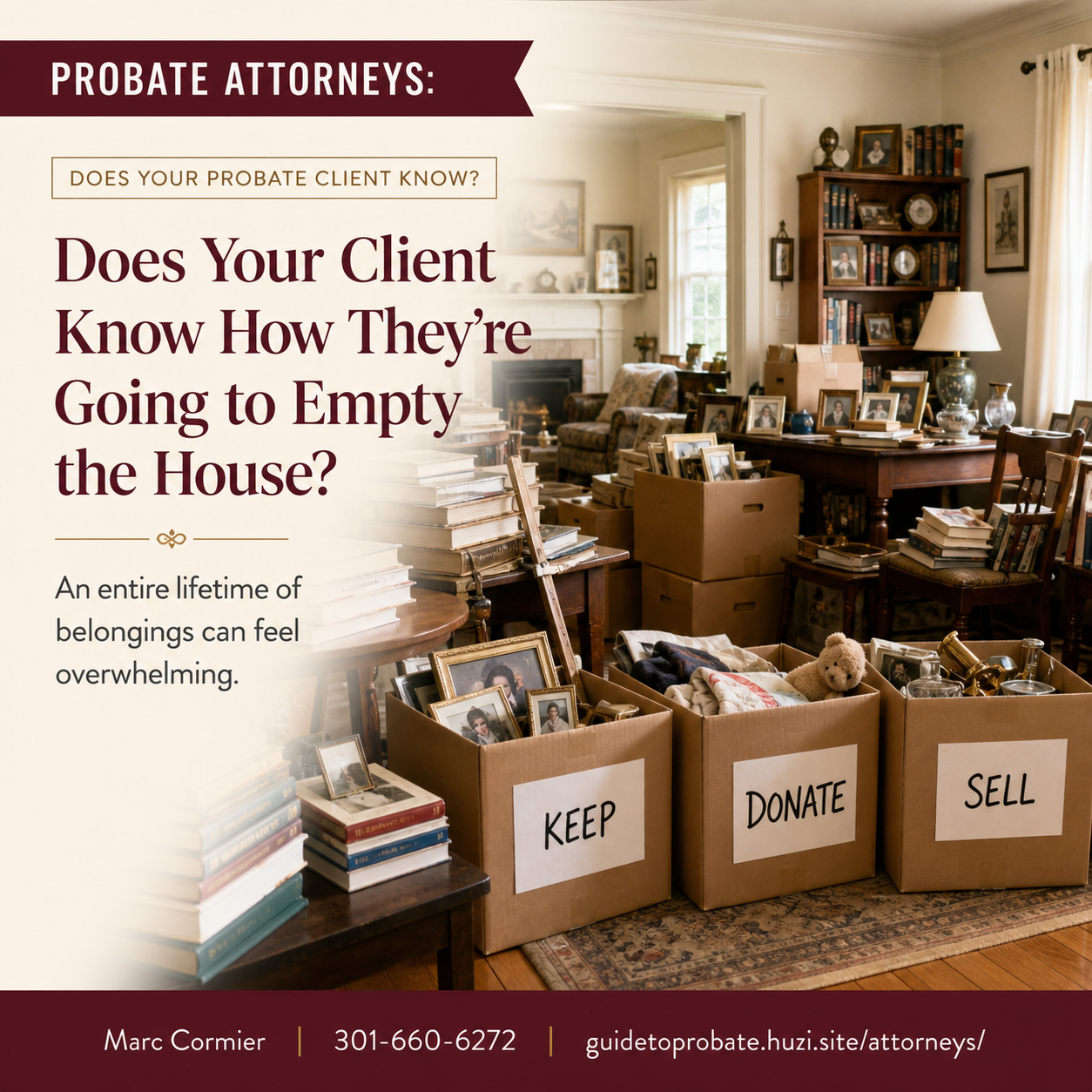 Probate home sale flyer from Marc for attorneys and their clients, with contact information