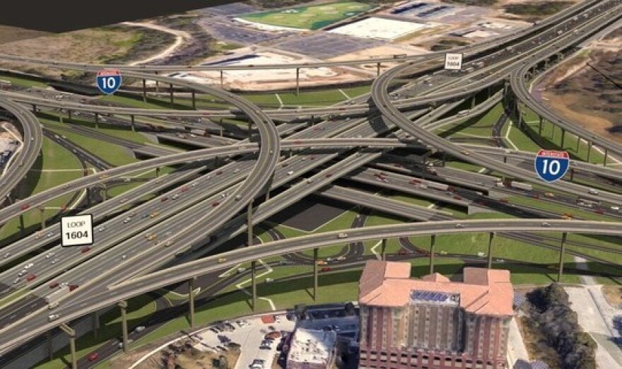 Concept rendering of the completed I-10/Loop 1604 interchange flyover redesign showing stacked elevated ramps and managed lanes in San Antonio, Texas
