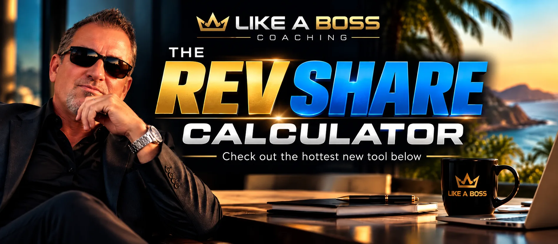 Like a Boss Coaching: THE REV SHARE CALCULATOR banner featuring Coach Randy Byrd with the crown logo