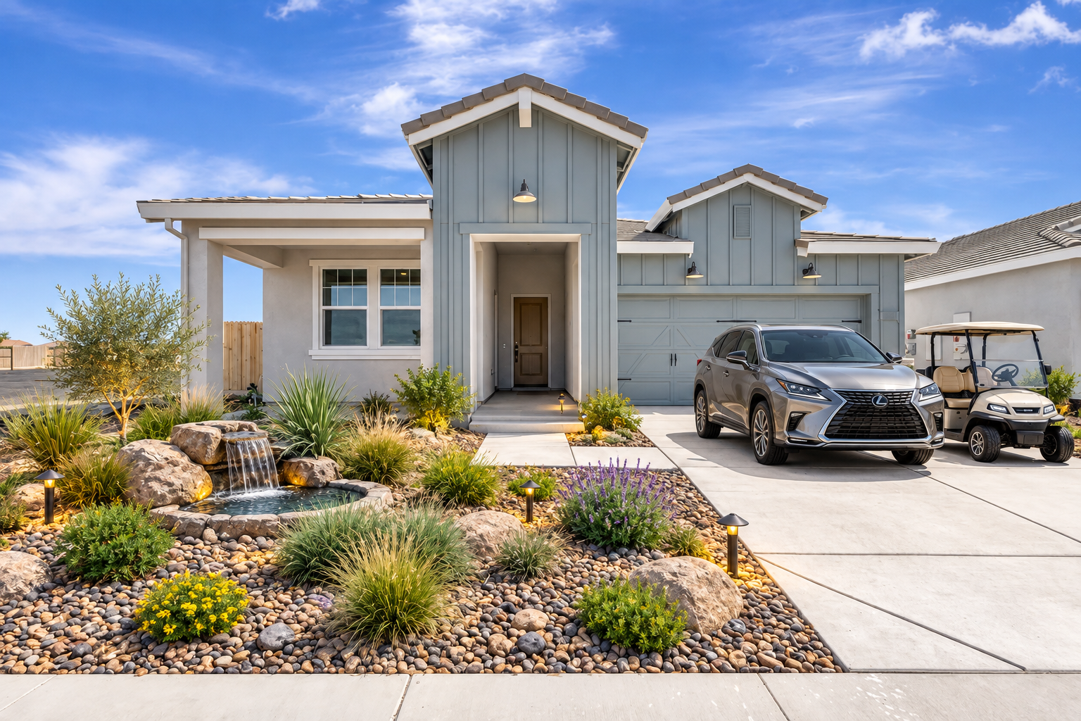 The front exterior of the Poitier, Lot 89, at Four Seasons at The Ranch in Rancho Cordova, California, with its rock garden and waterfall fountain