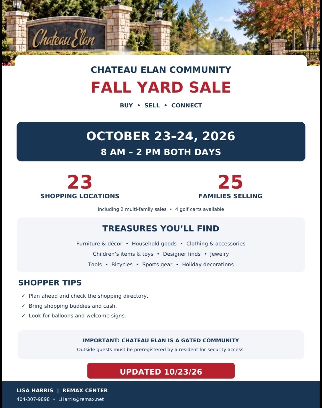 Updated Chateau Elan Community Fall Yard Sale shopping directory graphic, navy and white with a red badge, 23 stops on October 23-24 2026 in Braselton Georgia