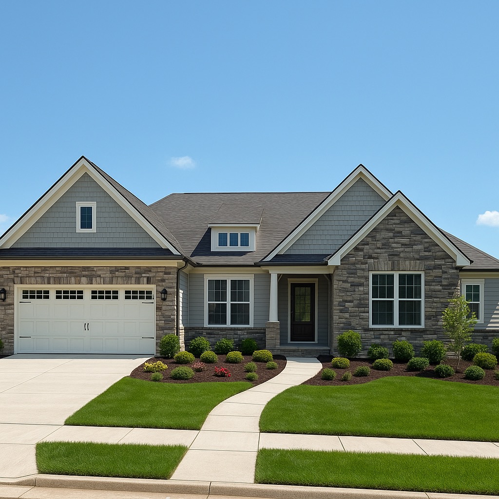 Big Sky Development custom home with light gray siding, stone veneer accents, white garage door, and covered front porch