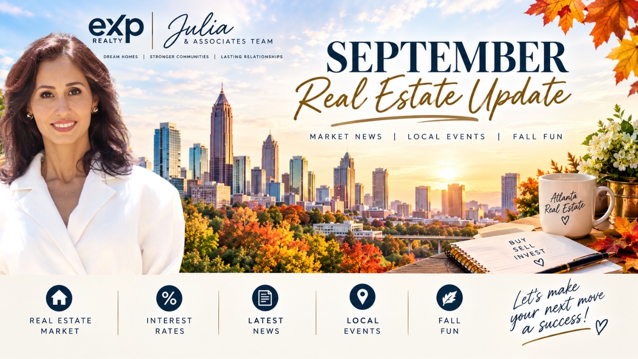 A tree-lined North Atlanta street in early autumn at golden hour, illustrating the September Atlanta real estate market update