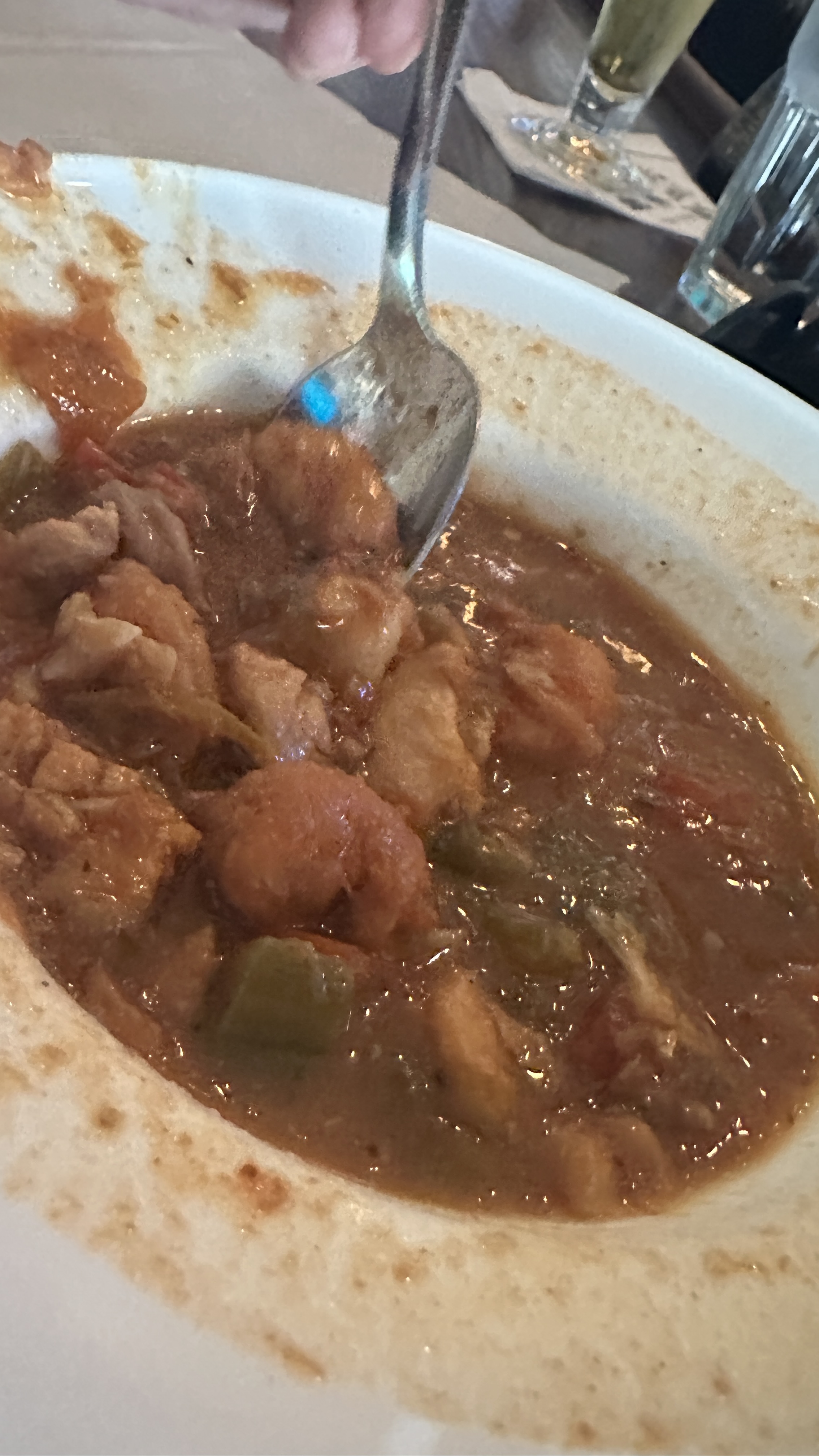 Bowl of seafood stew with shrimp and vegetables at Atlanta Fish Market in Atlanta Georgia