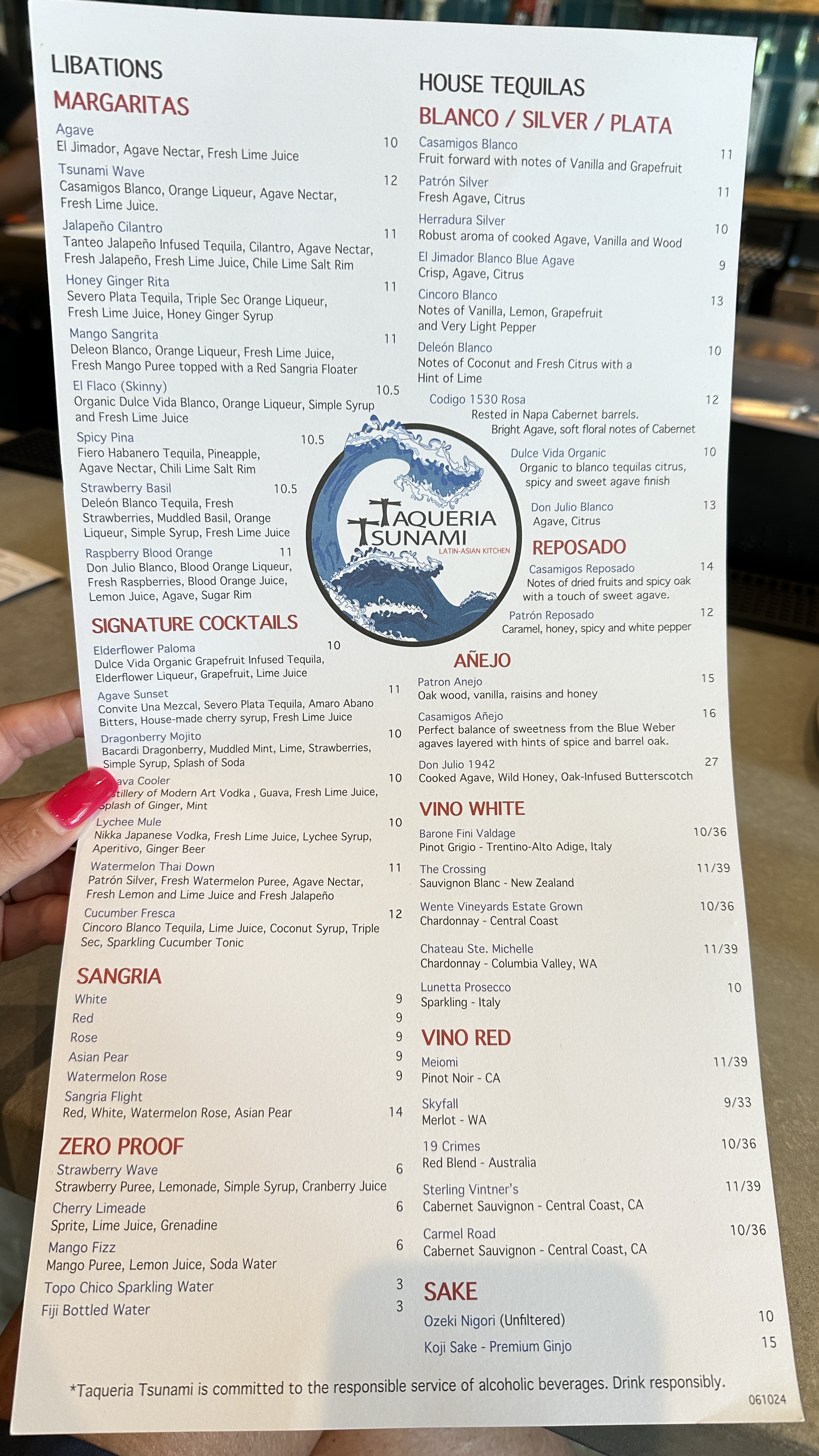Beverage and cocktail menu at Taqueria Tsunami fusion restaurant in downtown Gainesville Georgia