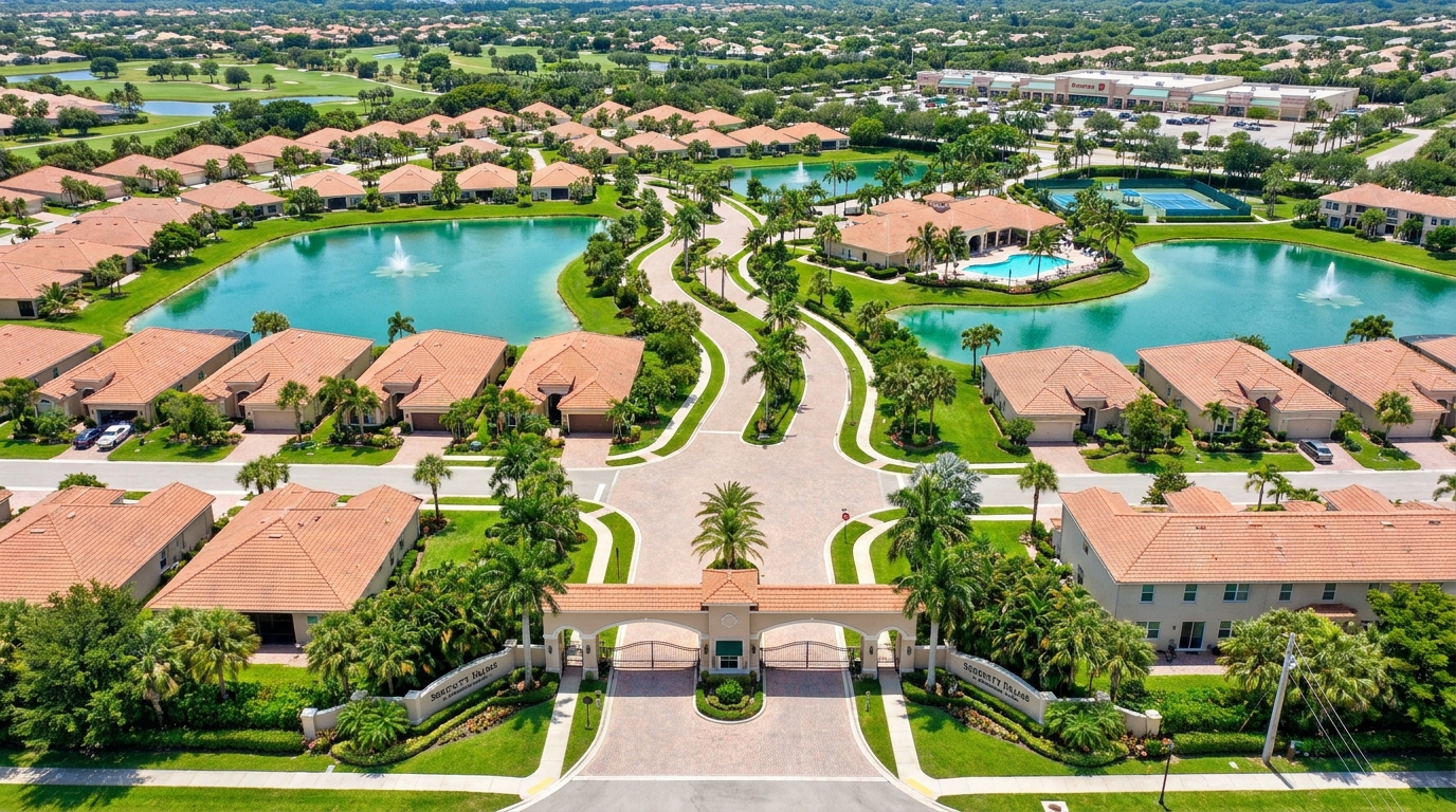 Aerial view of an upscale gated community with manicured landscaping and palm trees