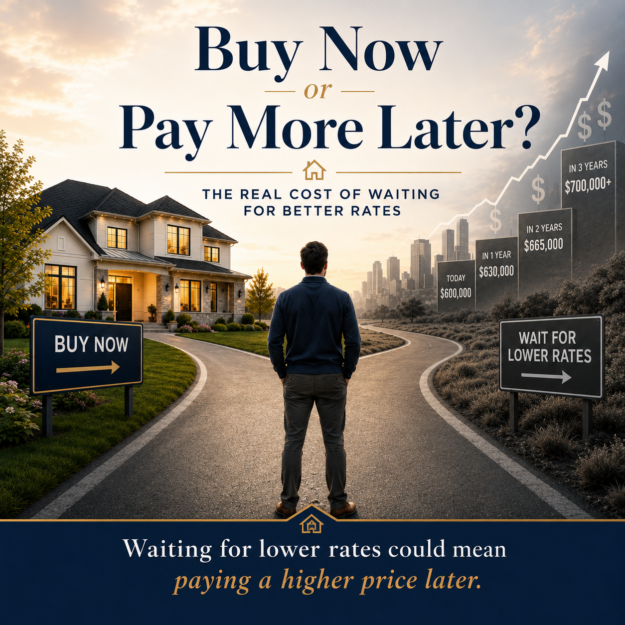 Buy Now or Pay More Later infographic showing a fork in the road between buying now versus waiting for better rates