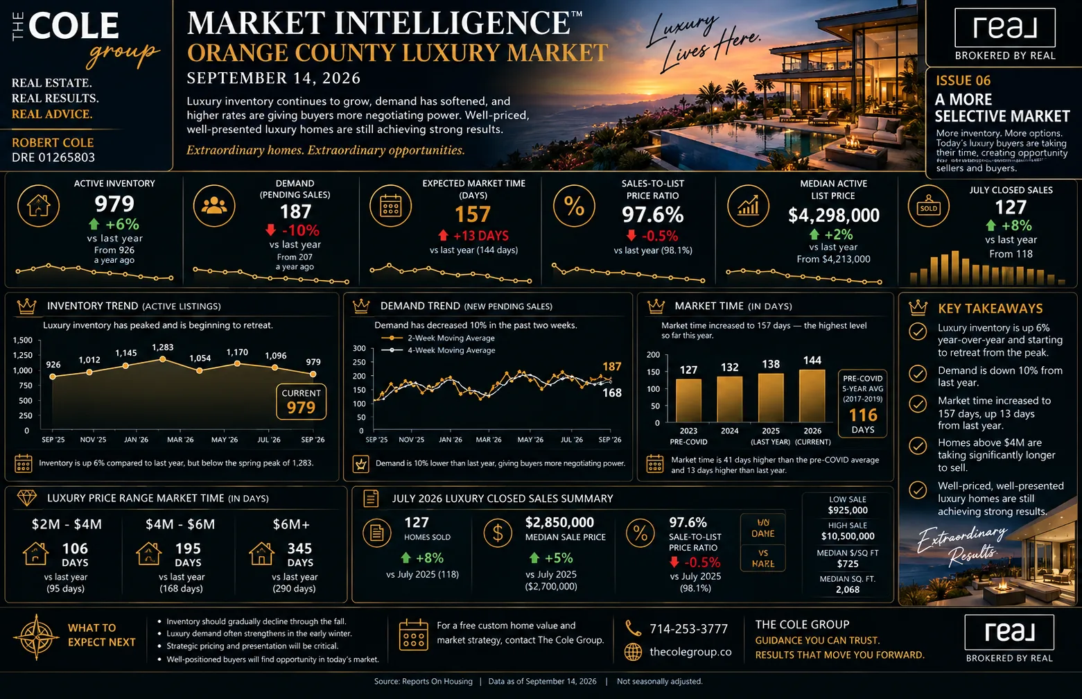 Orange County luxury market update infographic for Issue 06 showing premium segment data