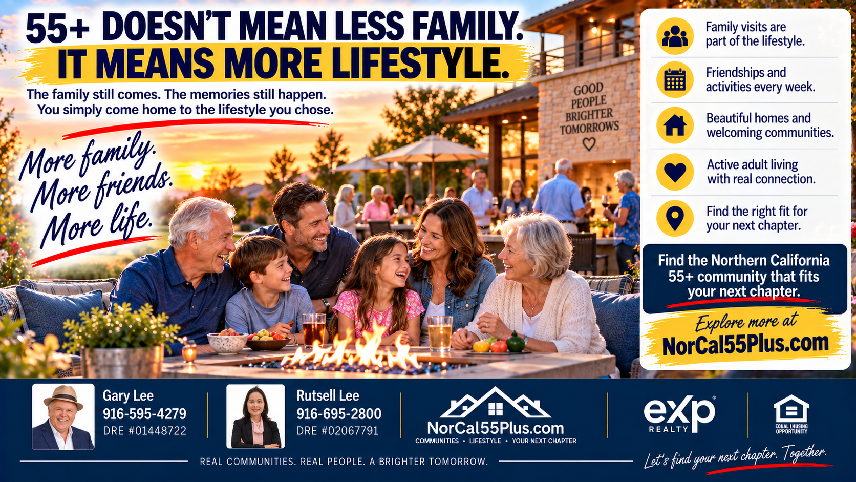 Video slide separating three different ideas: visiting, permanently living in, and inheriting or owning a home in a 55+ community