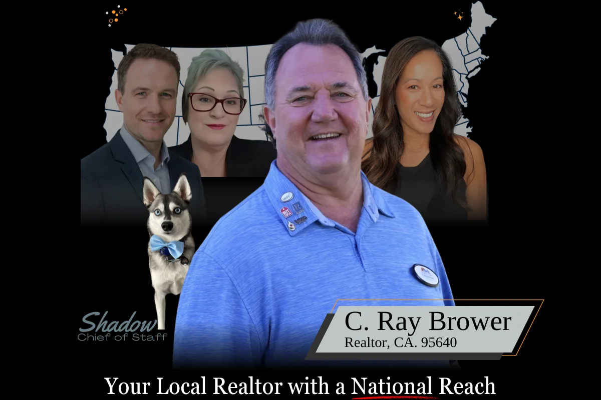 C. Ray Brower with the Your Perfect Home Group team and Shadow the dog, under the banner Your Local Realtor with a National Reach