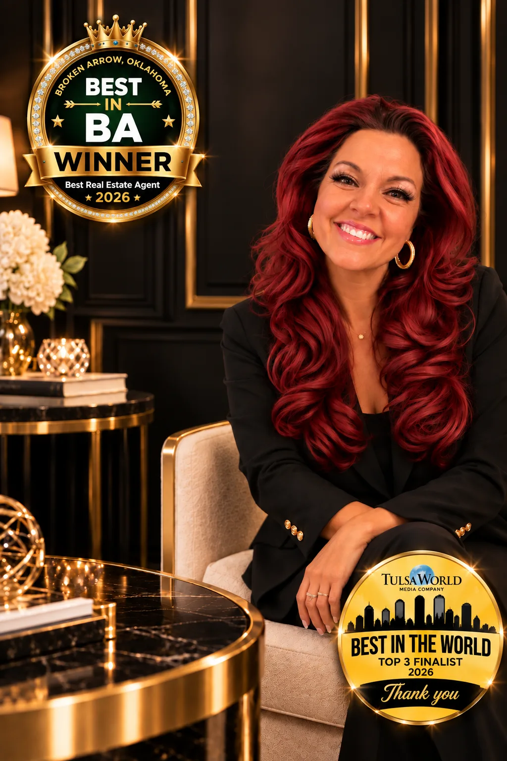 Amber Hamilton, REALTOR with Chinowth and Cohen, seated before dark paneling and carrying her Best in BA 2026 Winner and Tulsa World Best in the World Top 3 Finalist award badges