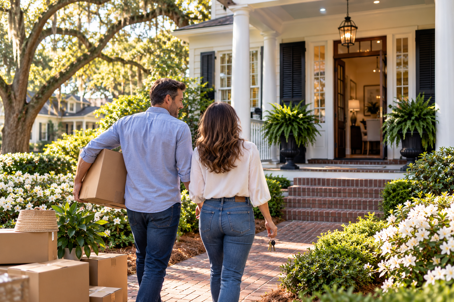 Couple arriving at their new Aiken-style home with moving boxes and keys