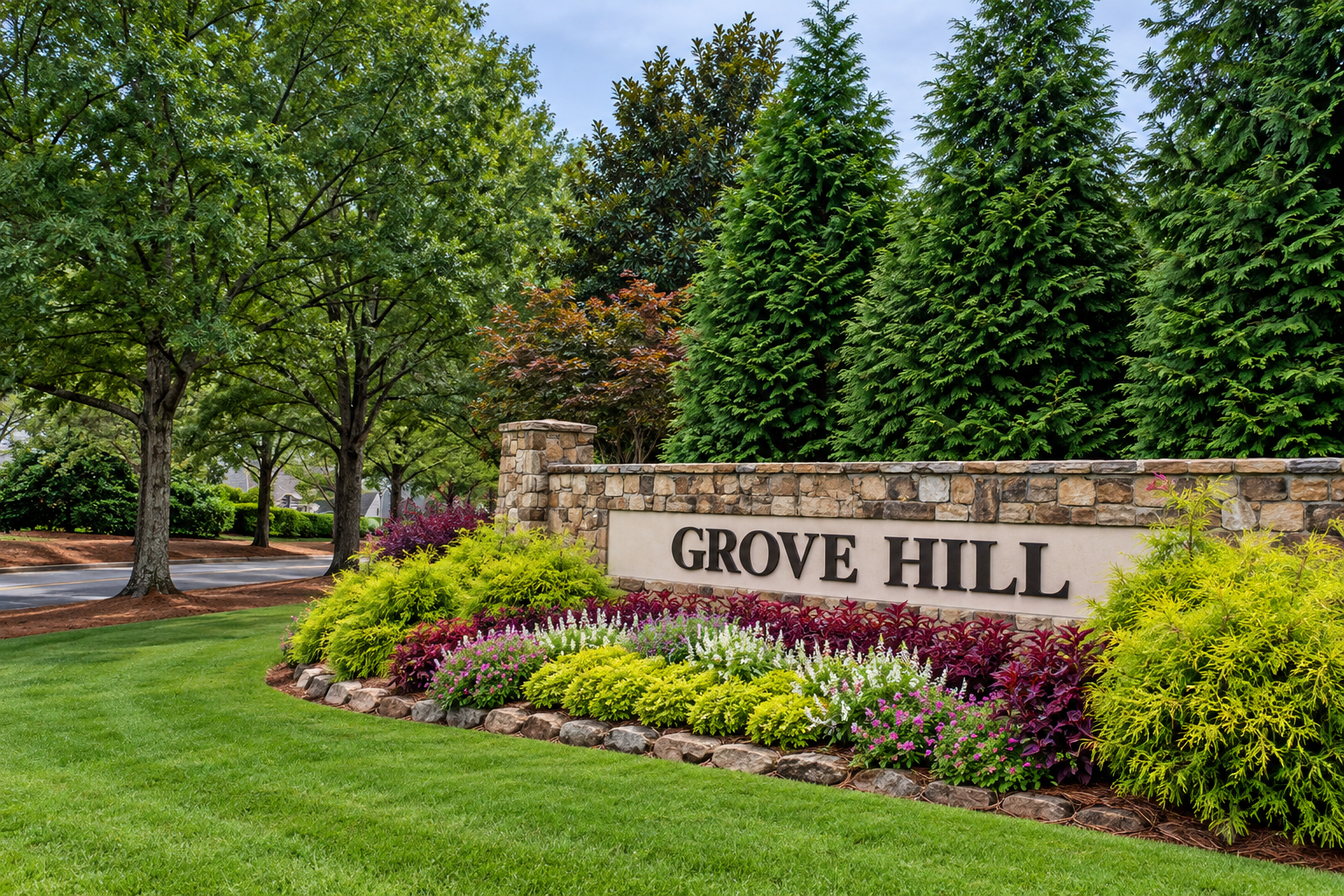 Grove Hill neighborhood entrance sign in Auburn, Alabama