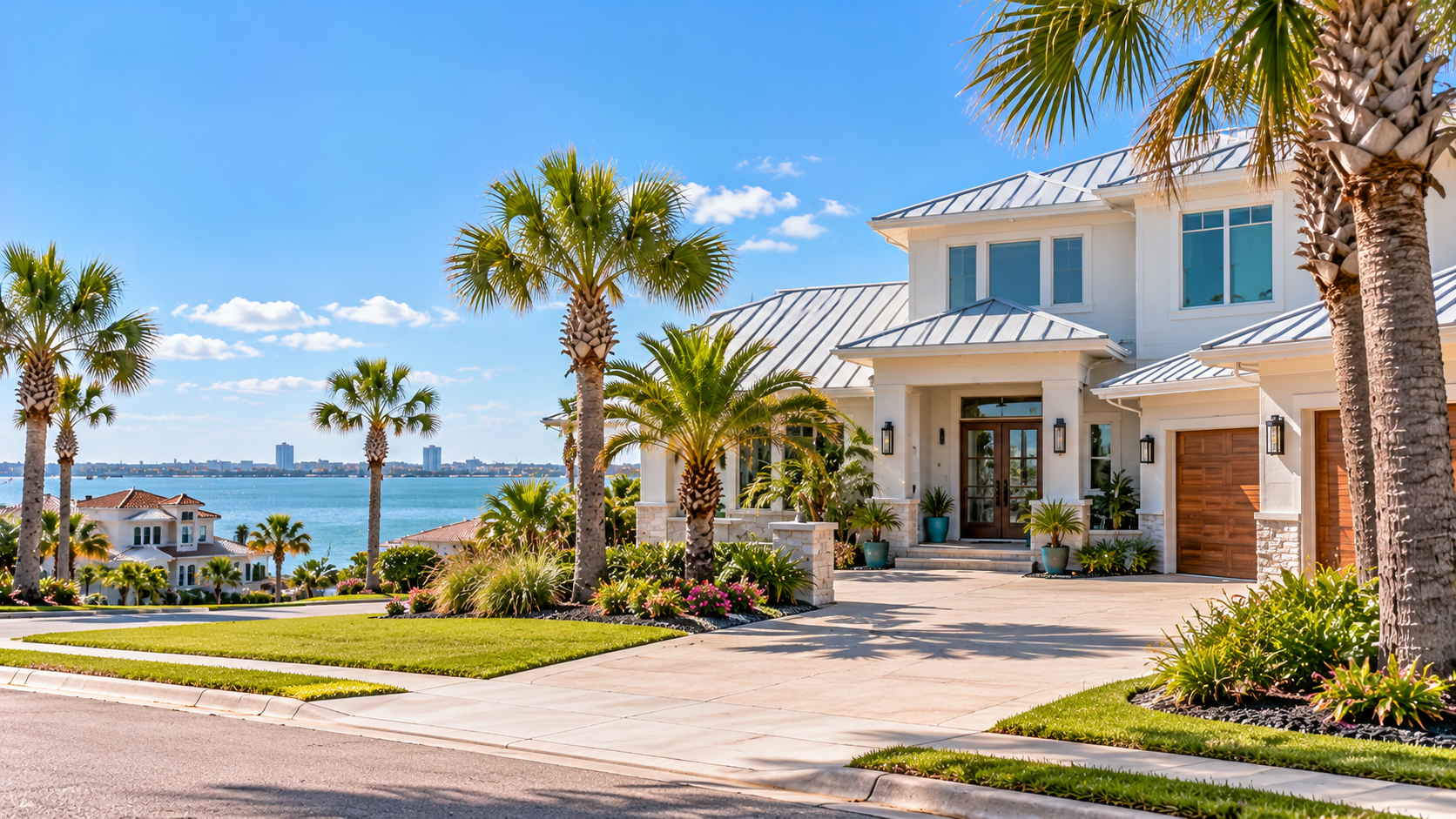 A luxury coastal home with a bay view and palms on the Texas coast, the kind of island address buyers are exploring on Mustang Island and North Padre Island
