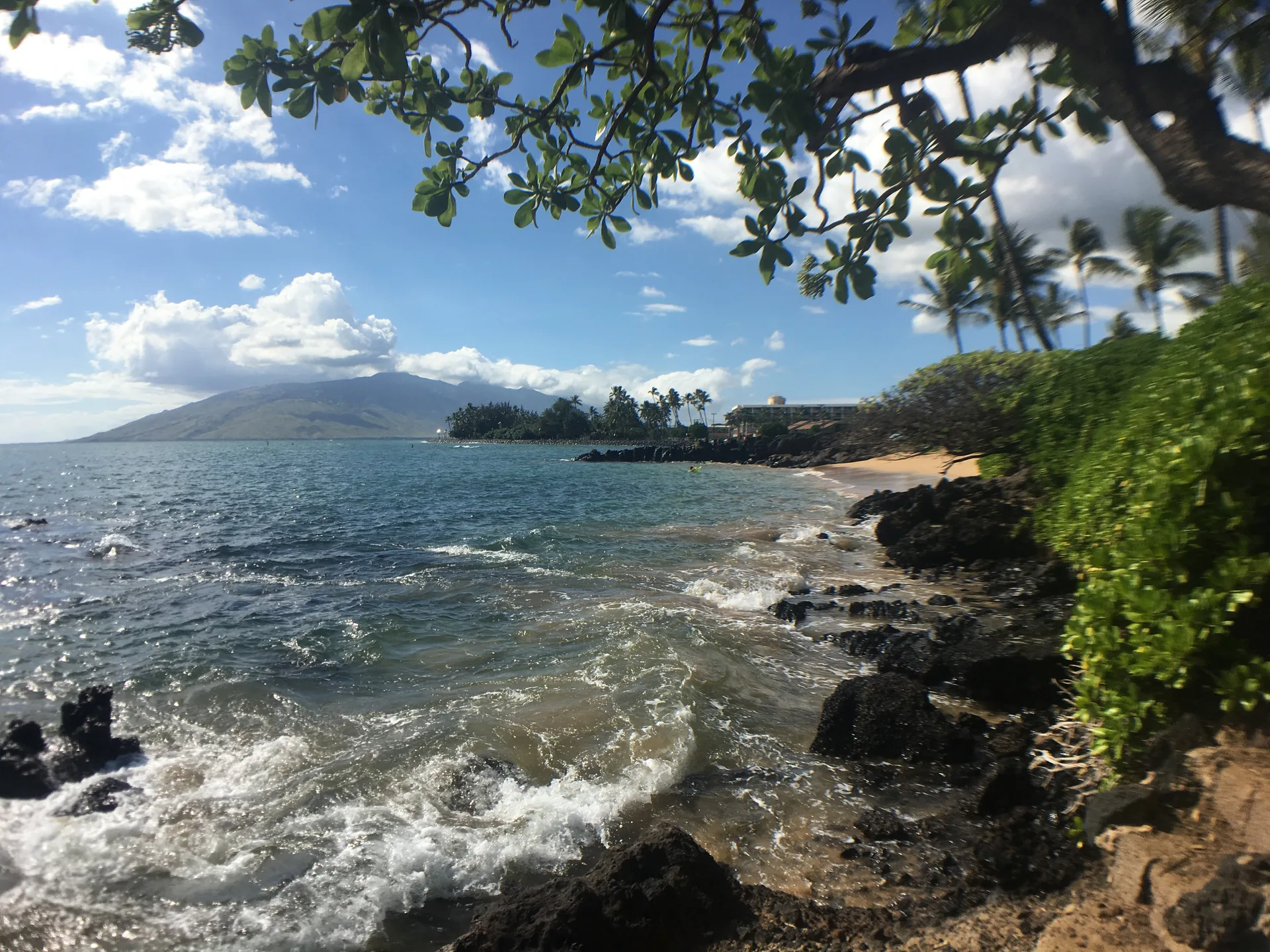 Maui beach with turquoise water and volcanic rock
