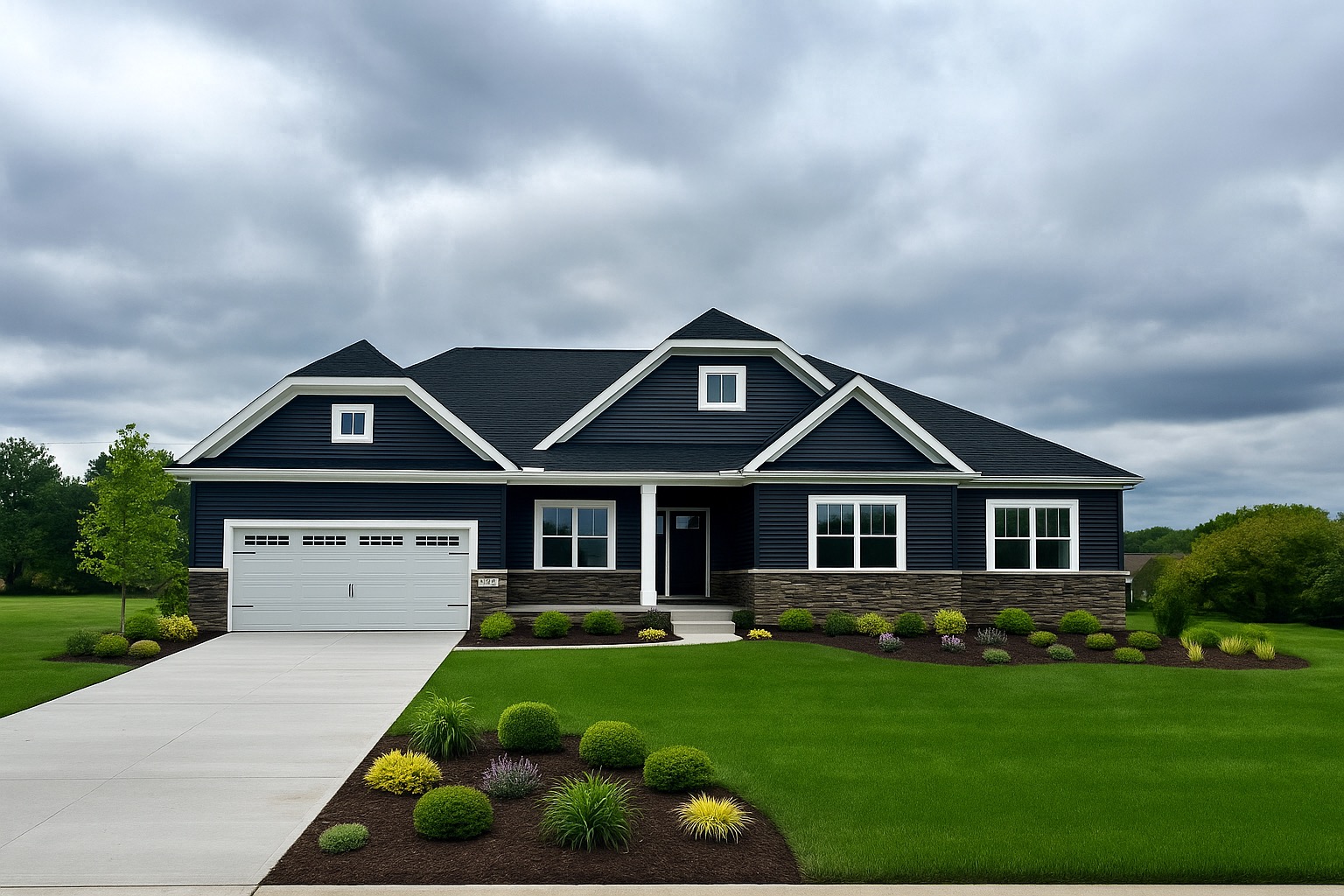 Big Sky Development custom home with navy charcoal horizontal siding, stone veneer, white window frames, and multi-gabled roof