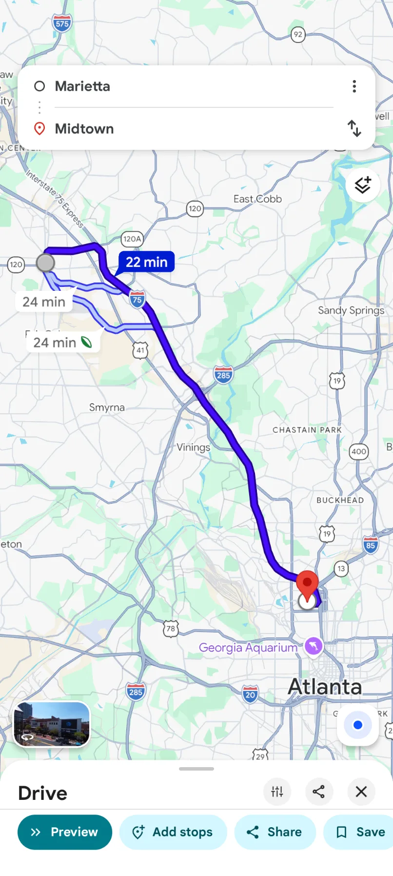 Google Maps directions from Marietta to Midtown Atlanta showing about a 22 minute drive
