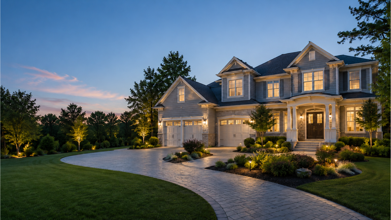 Twilight exterior of a luxury home — seller's guide hero