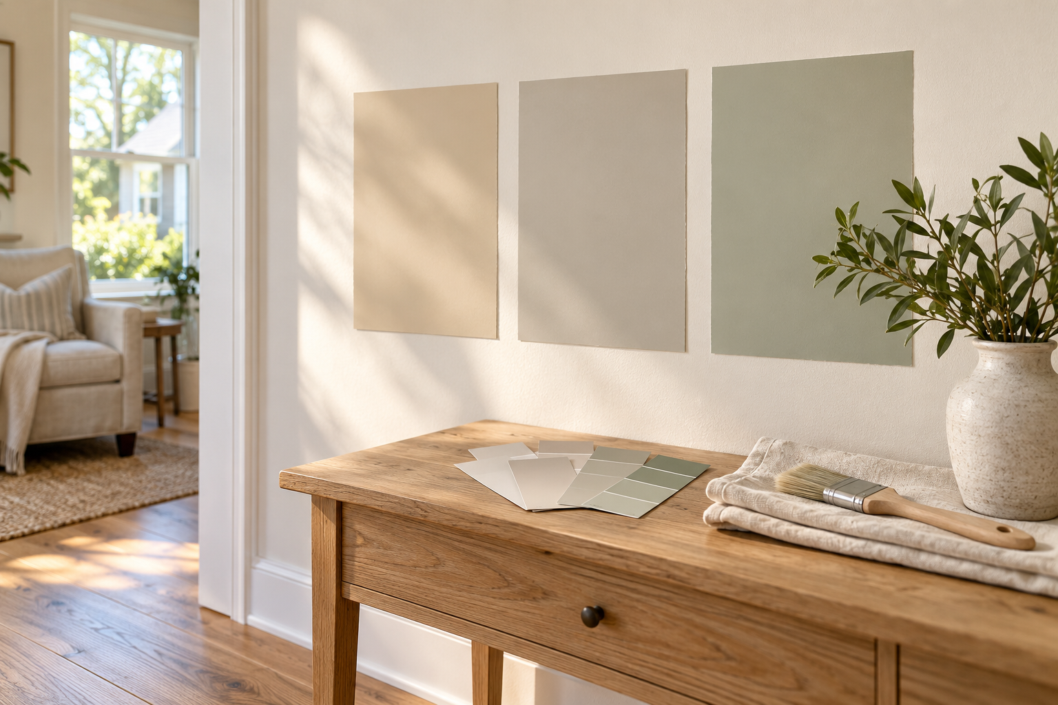 Bright living room wall with three paint color samples, a wooden console table with swatches, a paintbrush, and a leafy plant, blog card image for the paint article.