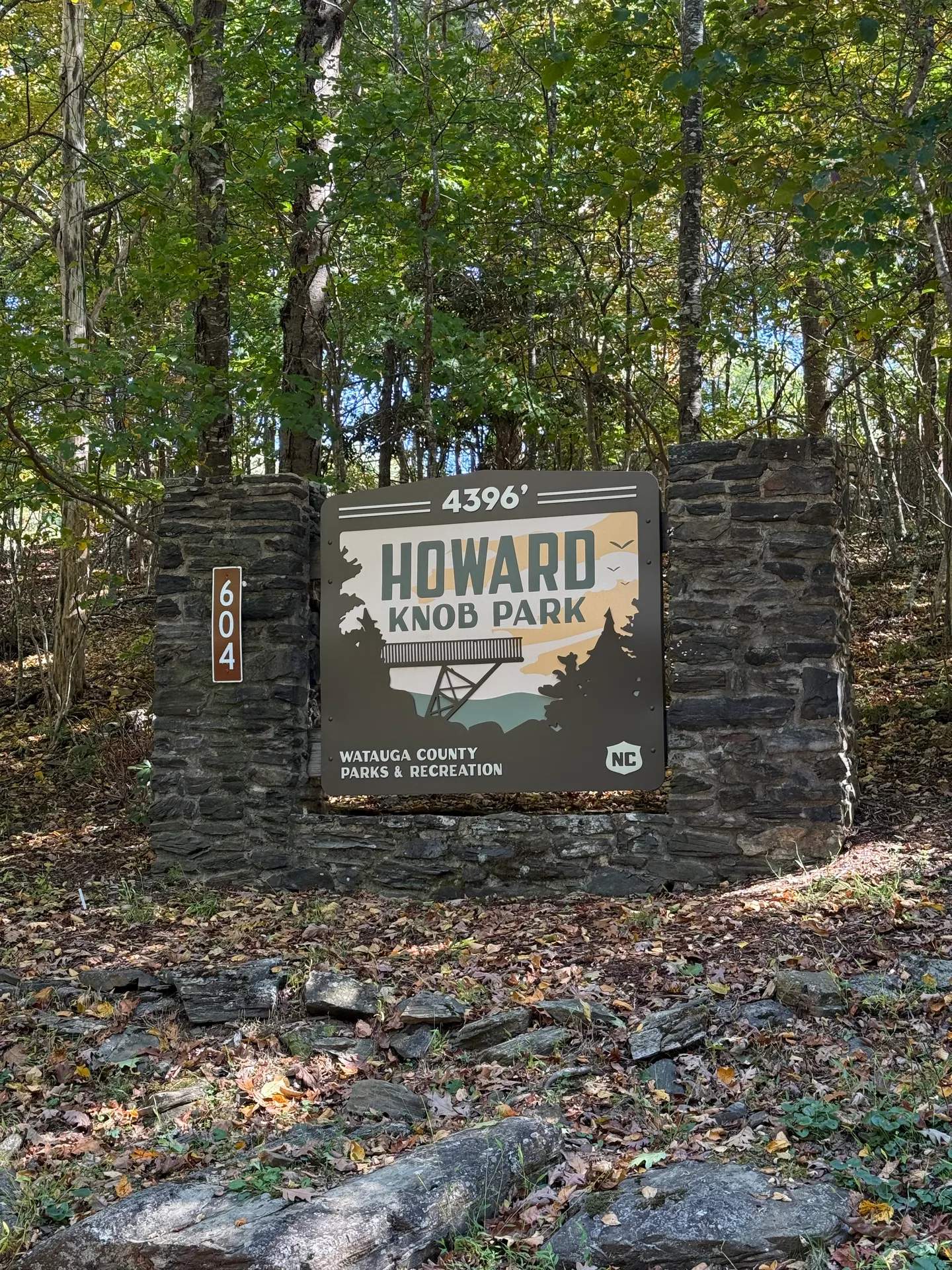 The stone entrance sign at Howard Knob County Park in Boone, marking the 4,396-foot summit