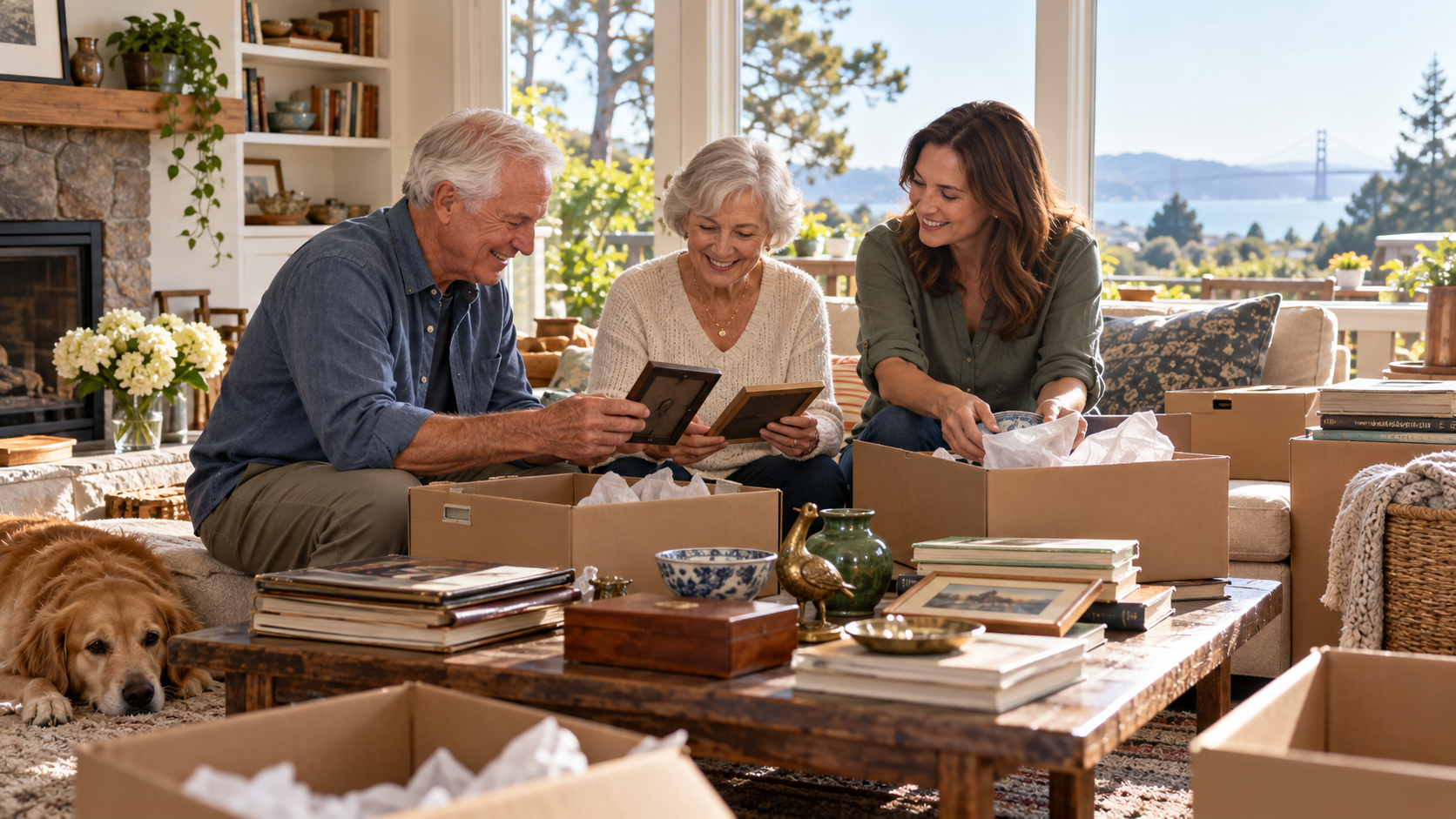 An adult child and a parent sorting belongings and packing boxes while downsizing for a move to a 55+ community