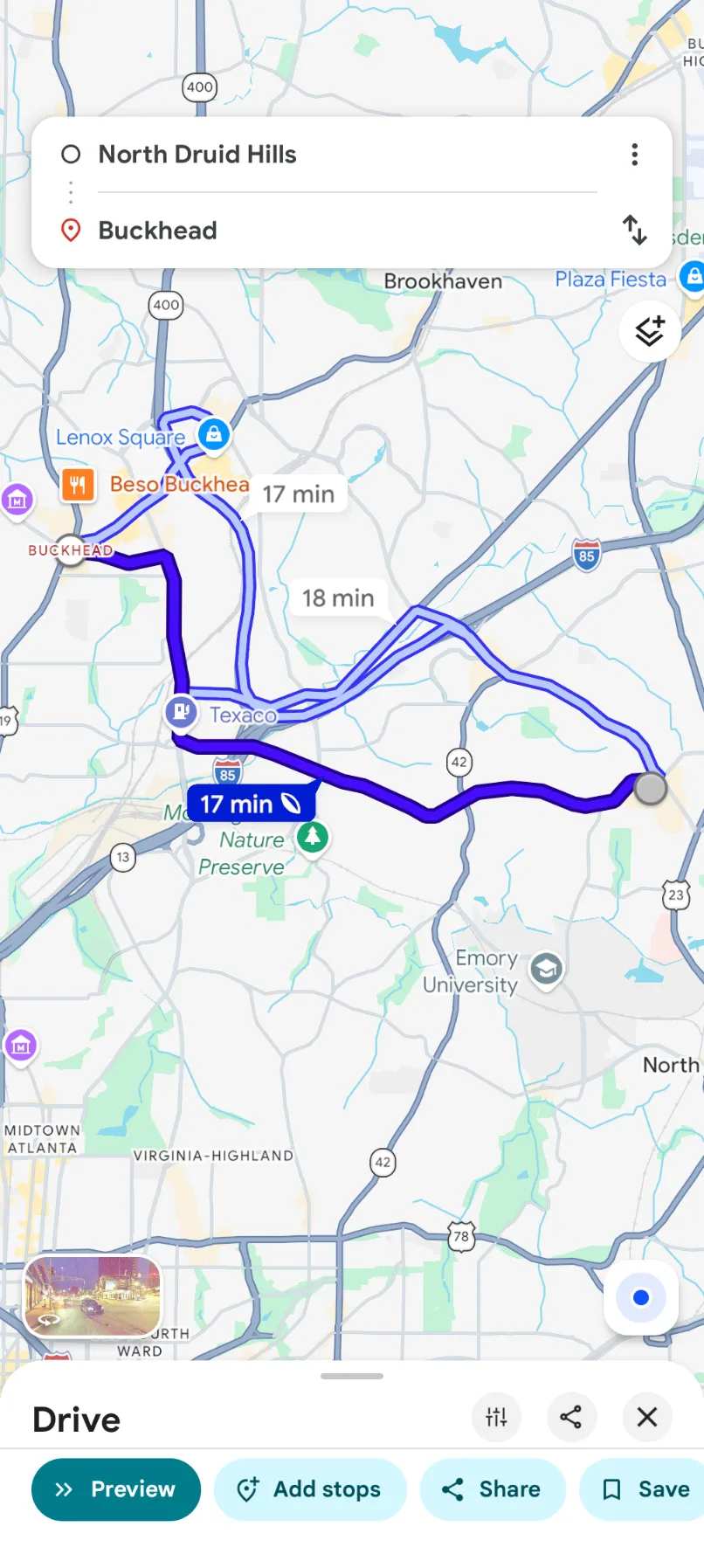 Google Maps directions from North Druid Hills to Buckhead showing about a 17 minute drive